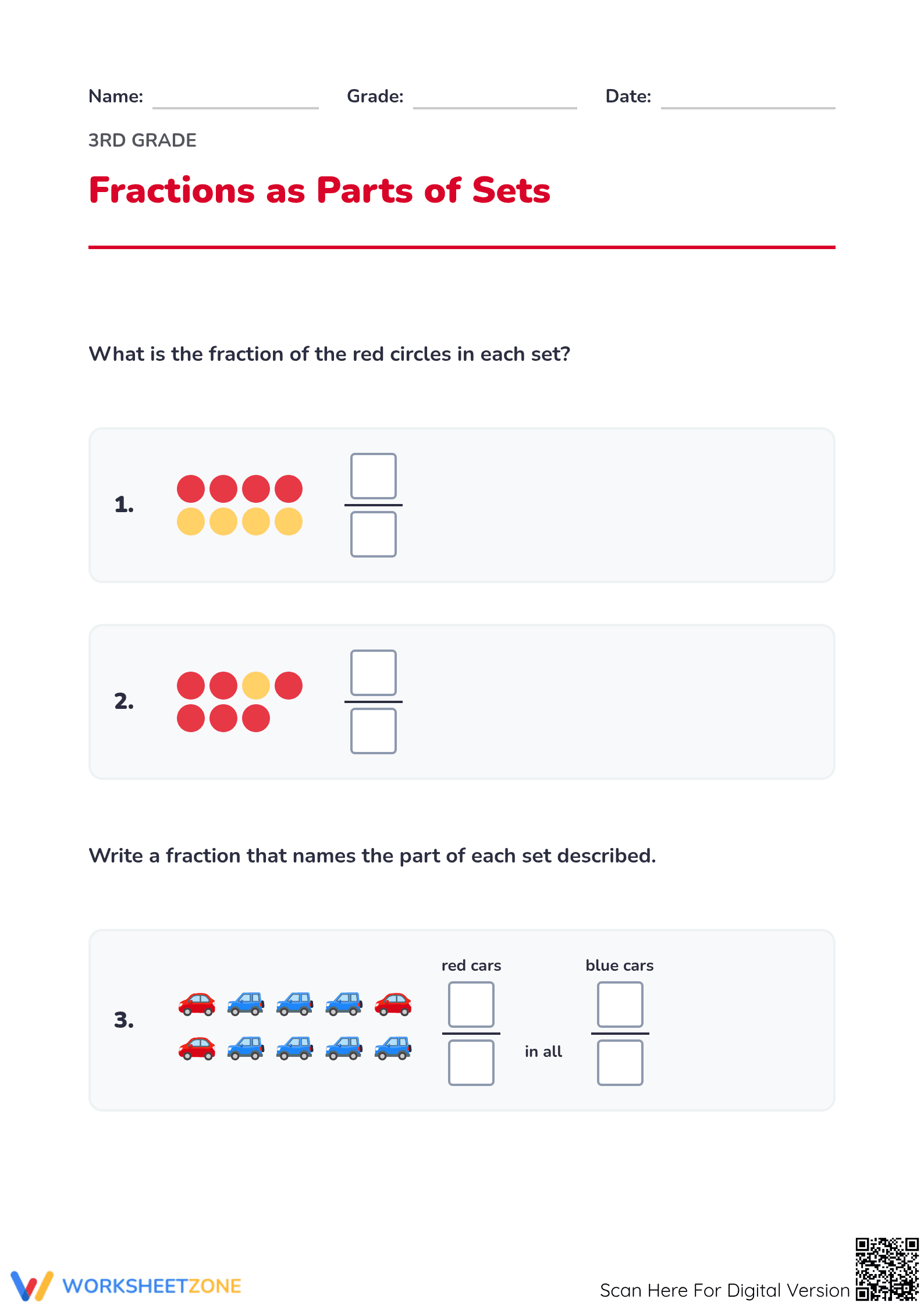 Grade 3 Fractions — Printable No-Prep Worksheet - Page 1