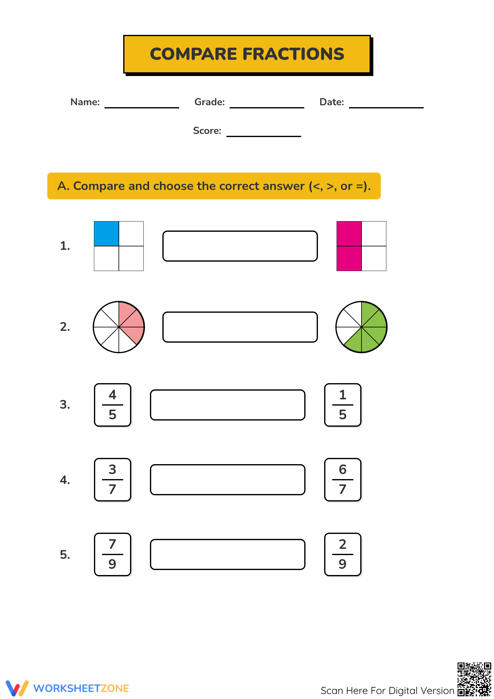 Printable Comparing Fractions Worksheet | Grade 3 Math - Page 1