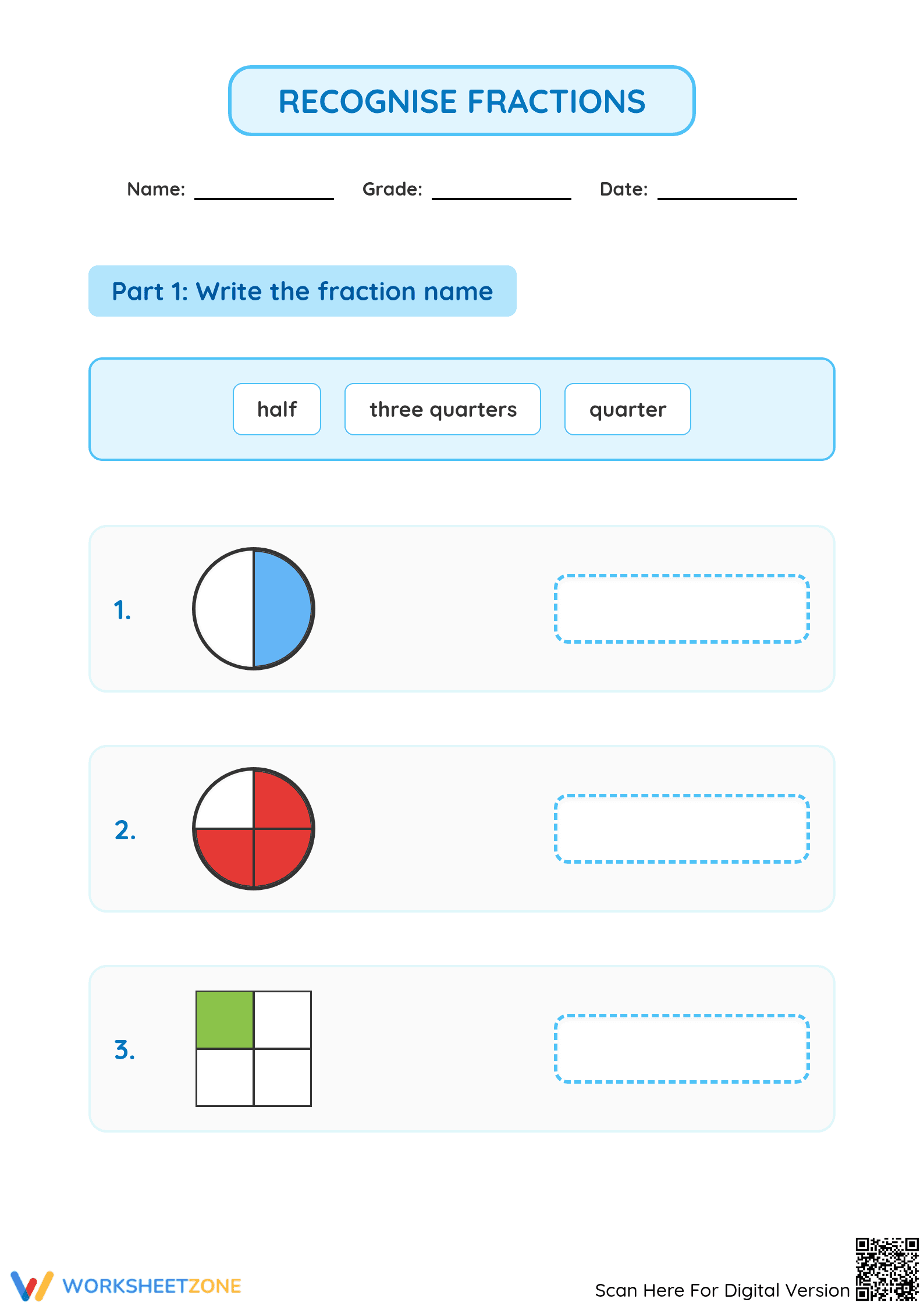 Grade 3 Fractions — Printable No-Prep Worksheet - Page 1
