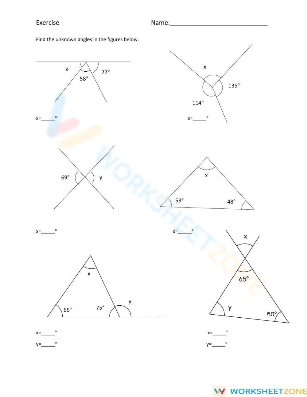 Finding Unknown Angles in Straight Lines and Triangles - Page 1