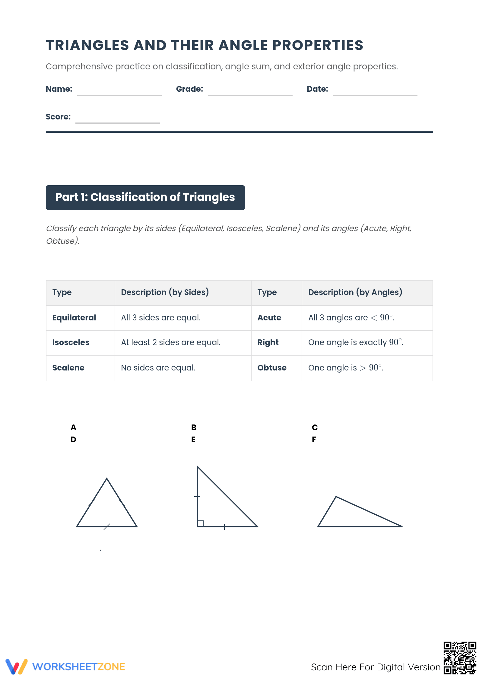 Essential Triangle Properties & Angles Worksheet (Grade 7-8) - Page 1