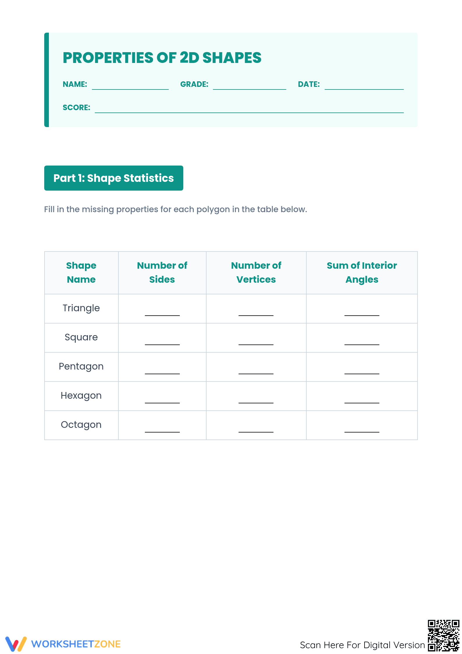 Grade 3 2D Shapes — Printable No-Prep Worksheet - Page 1