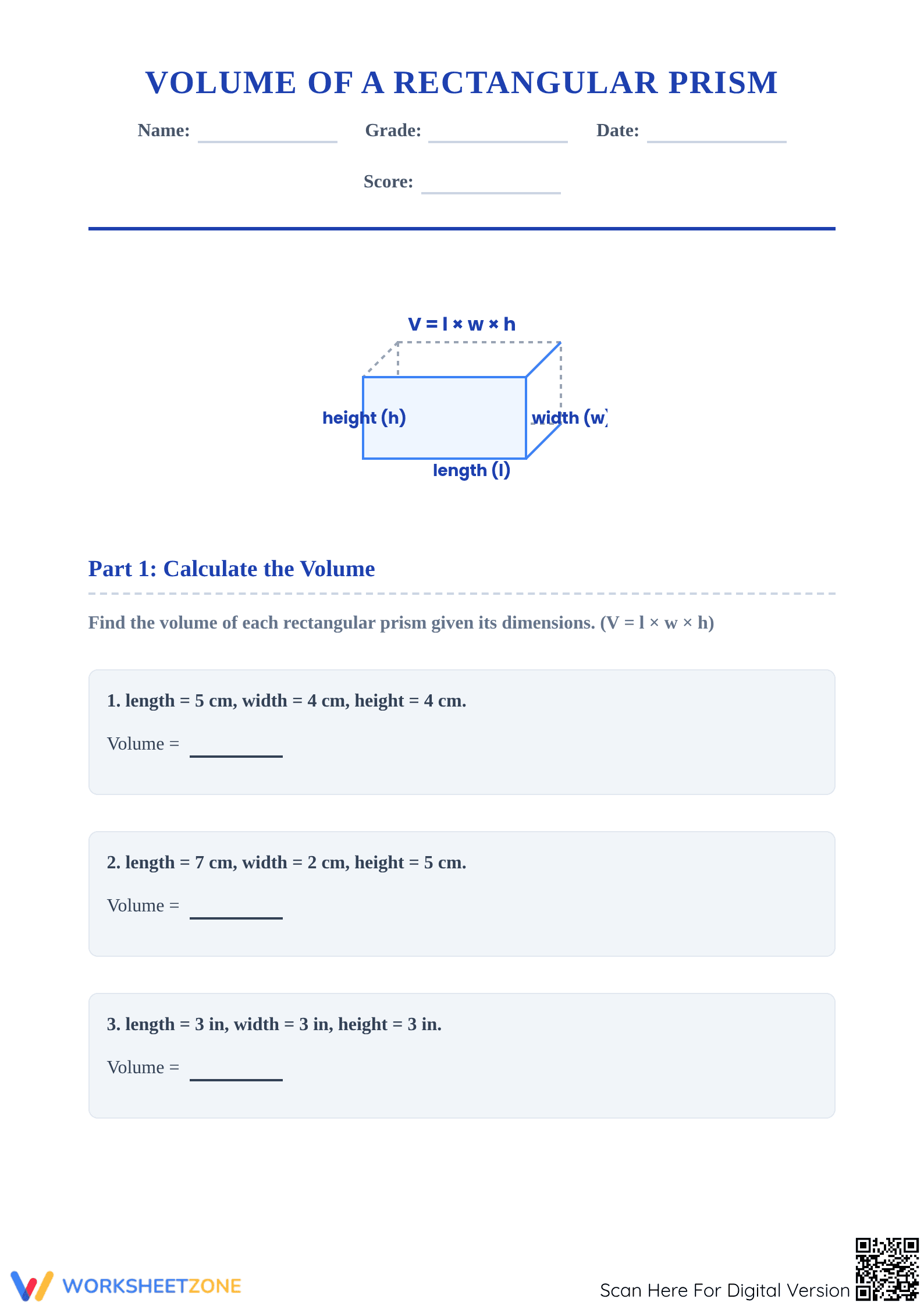 Printable Volume of a Rectangular Prism Worksheet | Grade 7 - Page 1