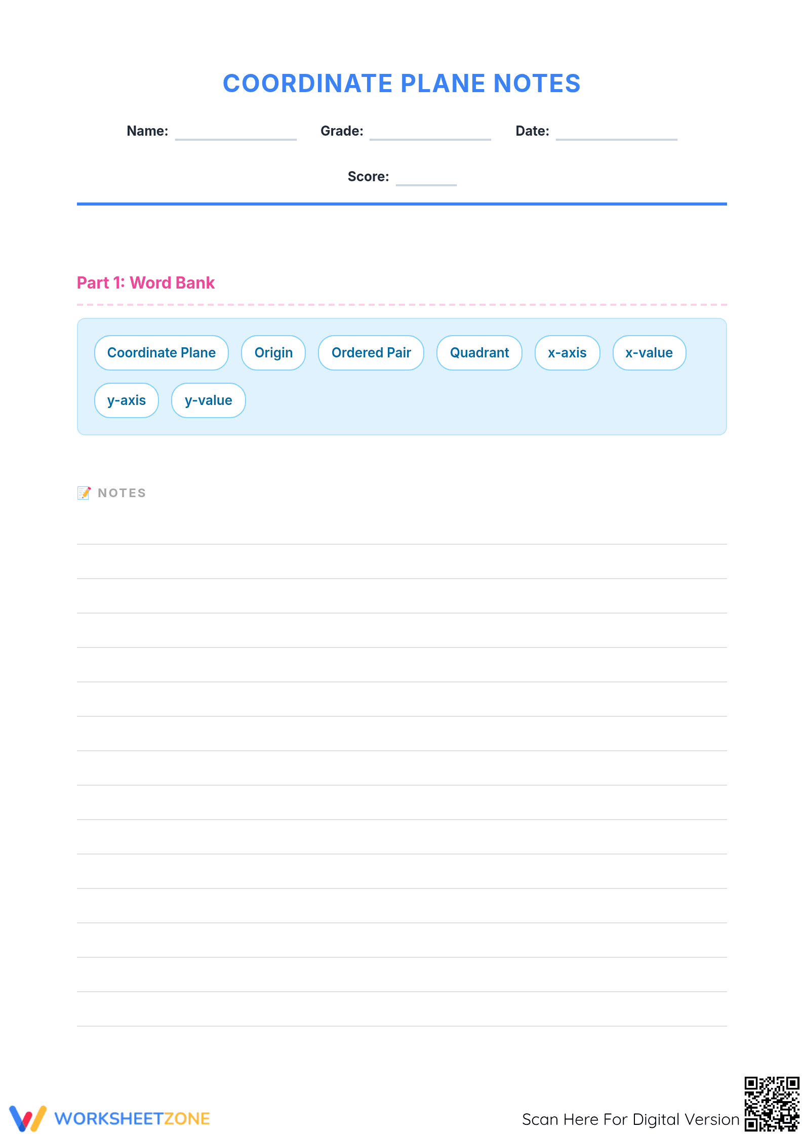 Grade 8-10 Coordinate Plane — Printable No-Prep Notes - Page 1