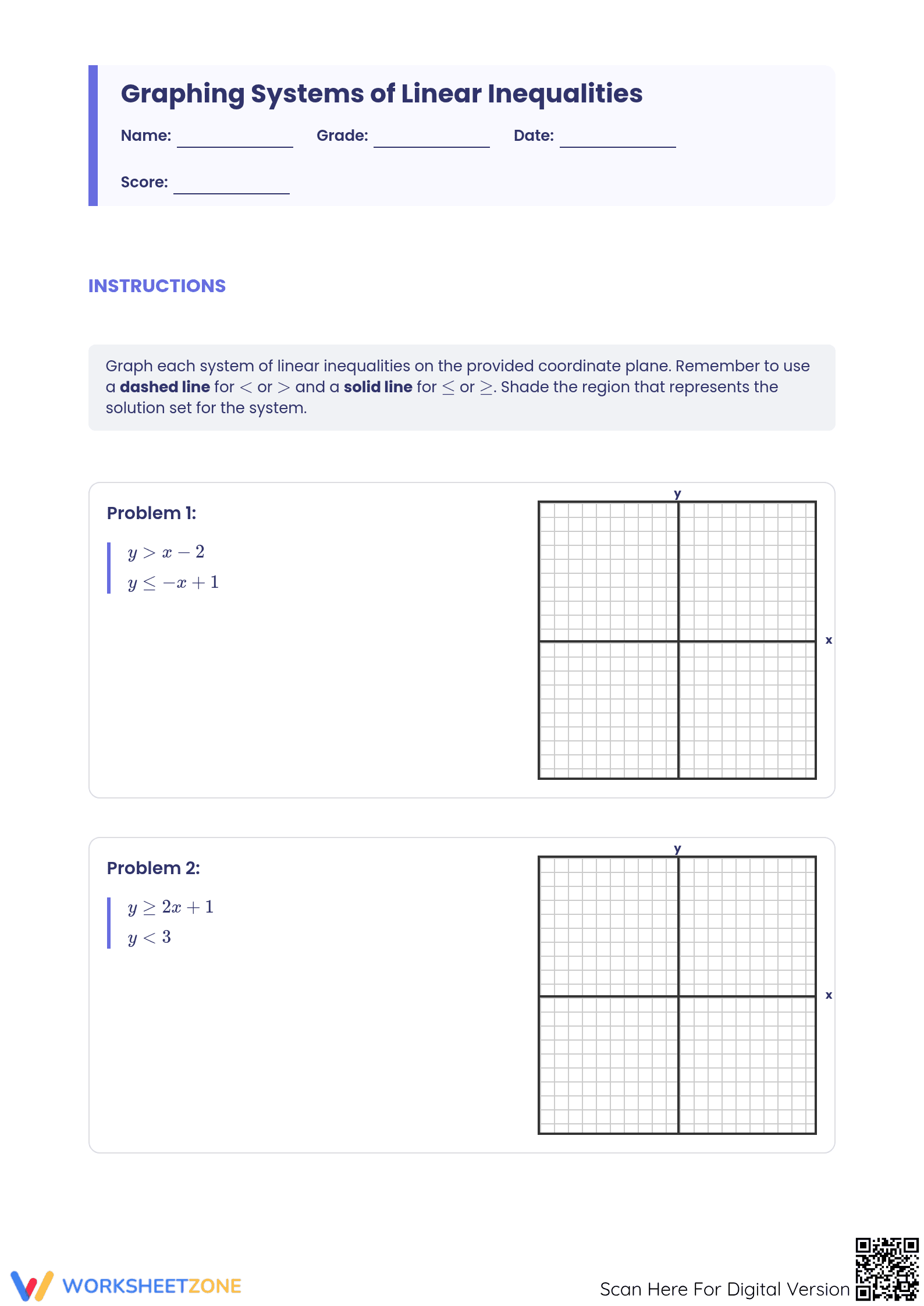 Printable Systems of Linear Inequalities Graphing Worksheet - Page 1