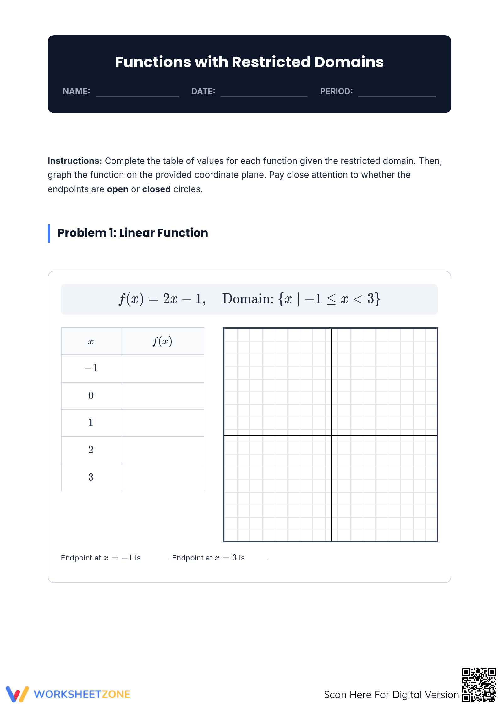 Essential Restricted Domain Function Graphing Worksheet - Page 1