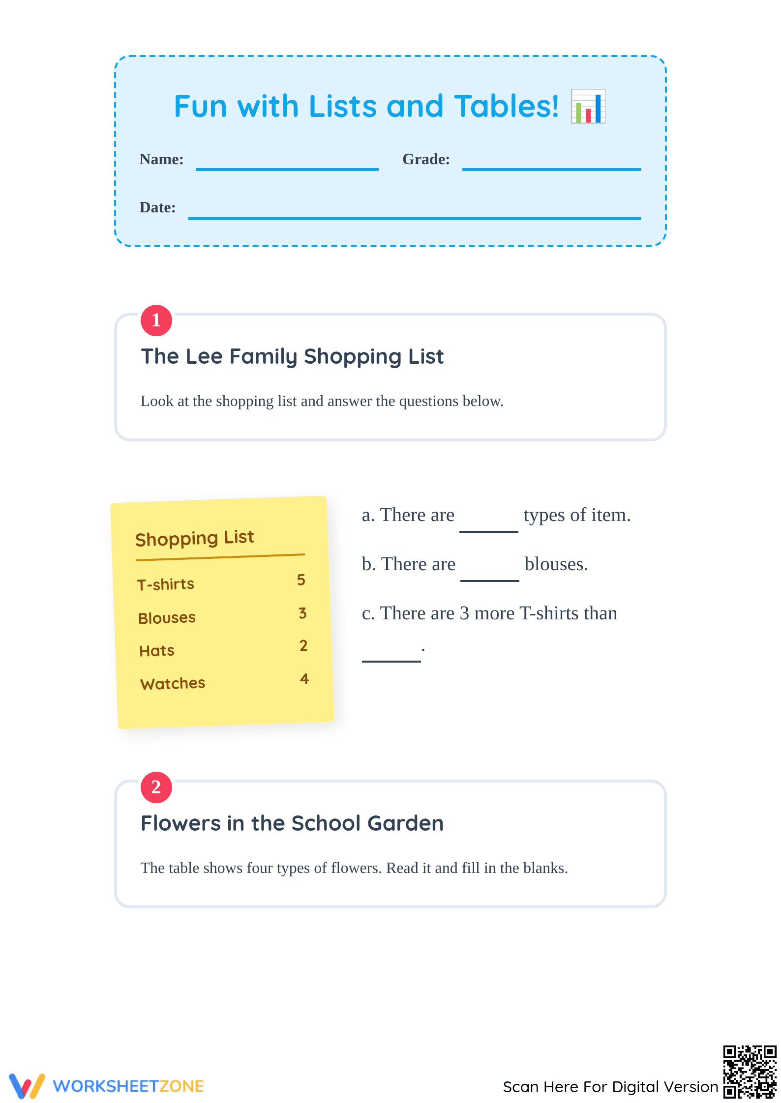 Grade 1 Reading Tables — Printable No-Prep Worksheet - Page 1