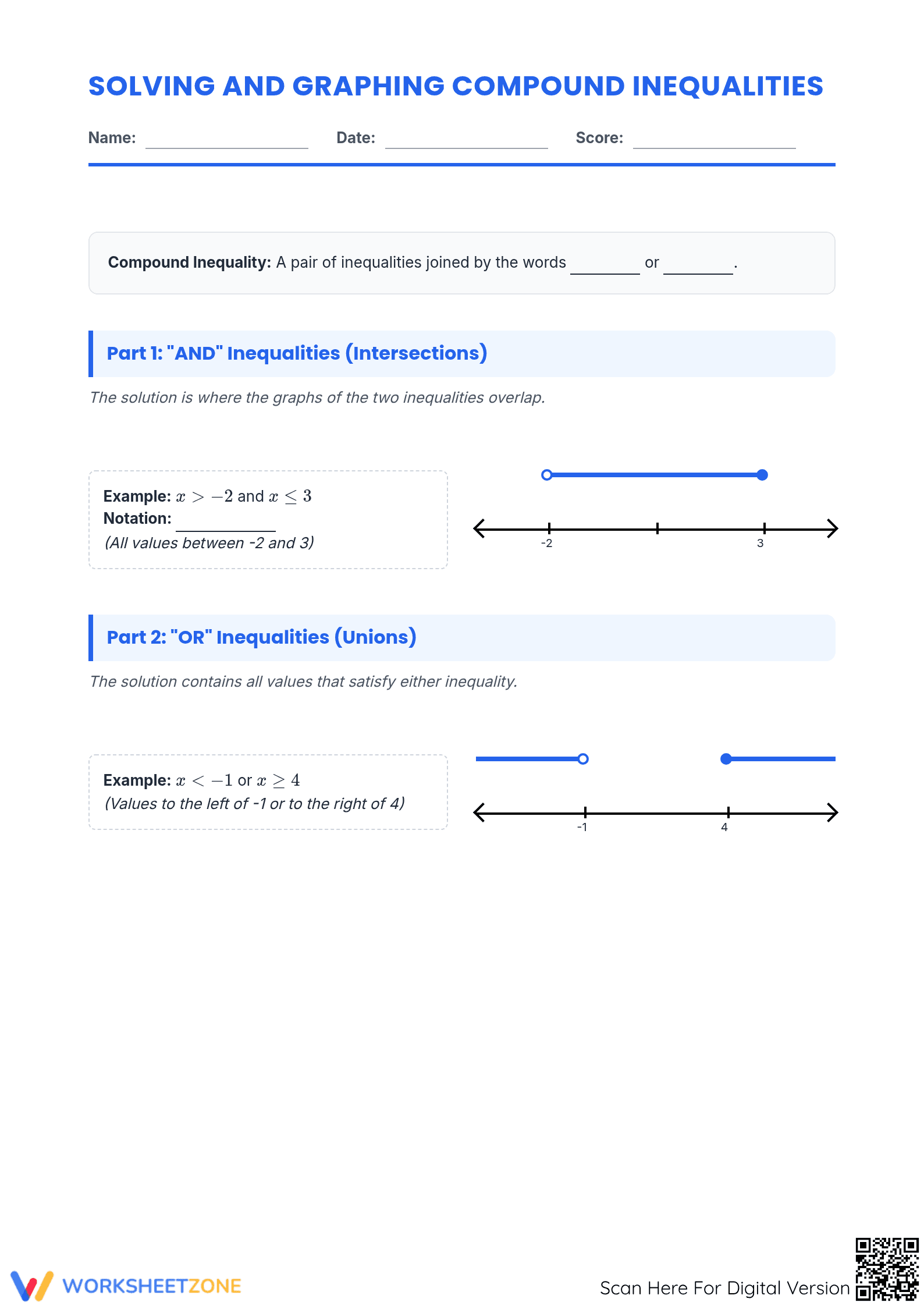 Printable Compound Inequalities Worksheet | Grade 9 Algebra - Page 1