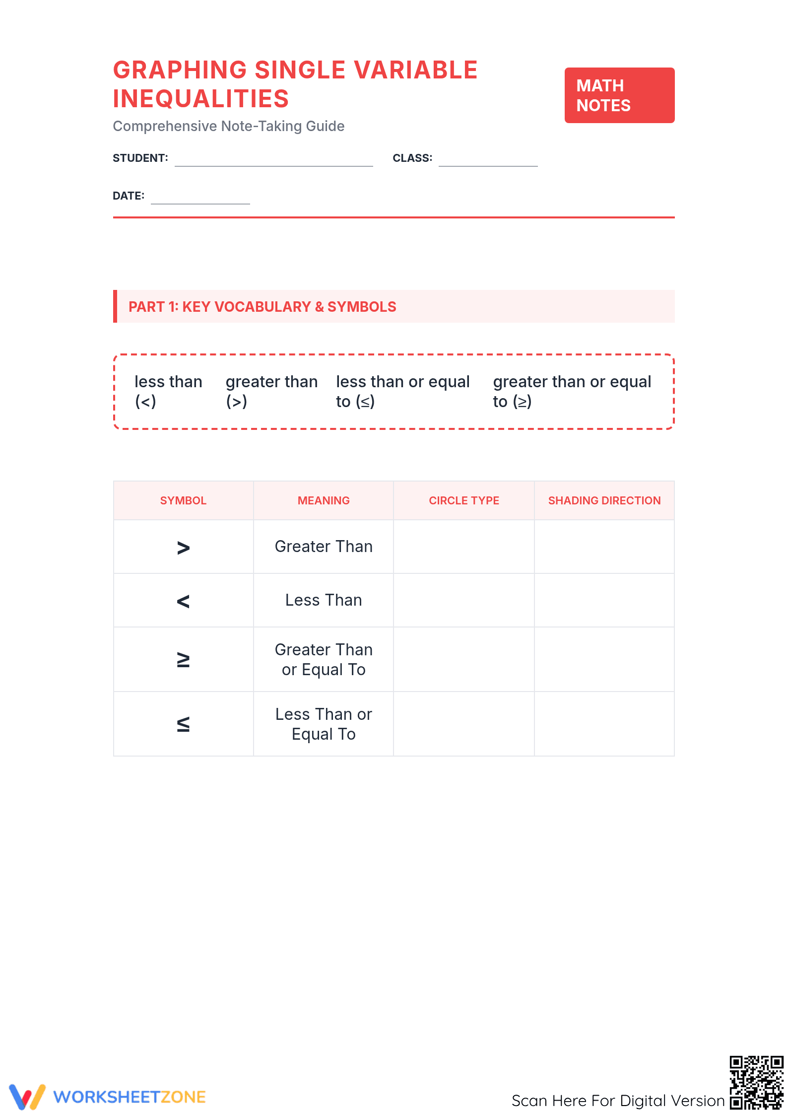 Graphing Inequalities — Printable High School Worksheet - Page 1