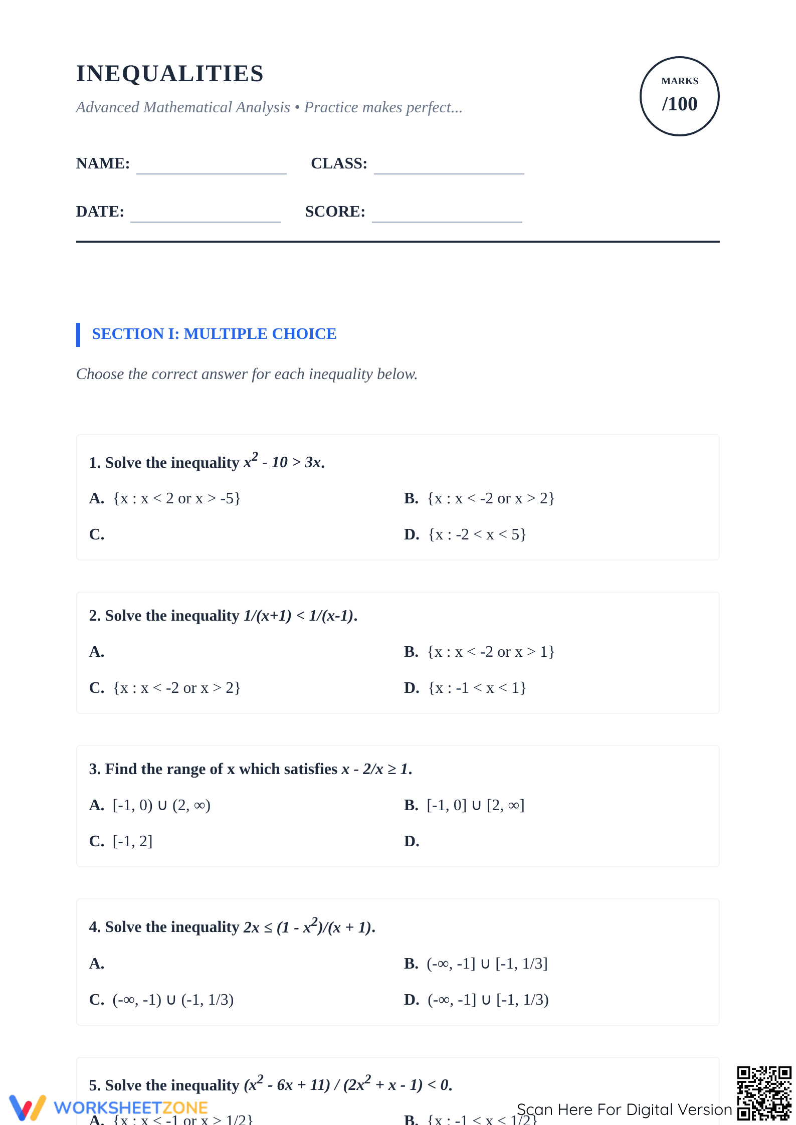 Essential Solving Inequalities Worksheet | Grade 9-10 Algebra - Page 1