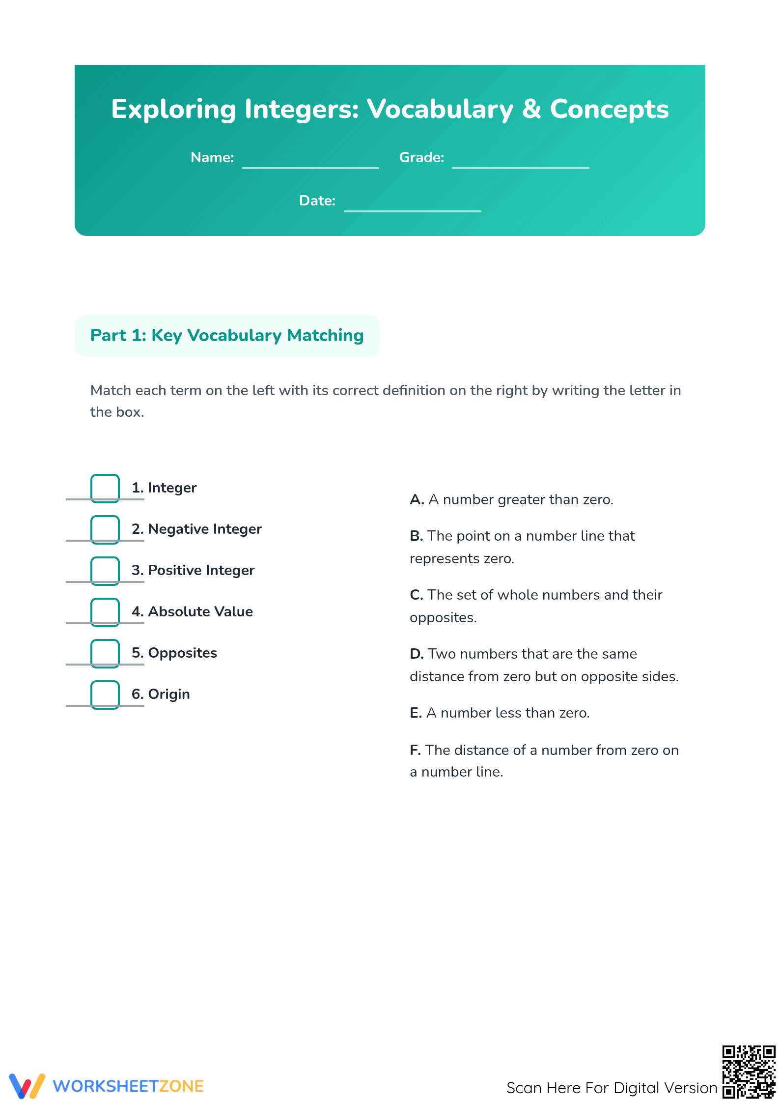 Printable Integer Vocabulary Worksheet | Grade 6 Math - Page 1