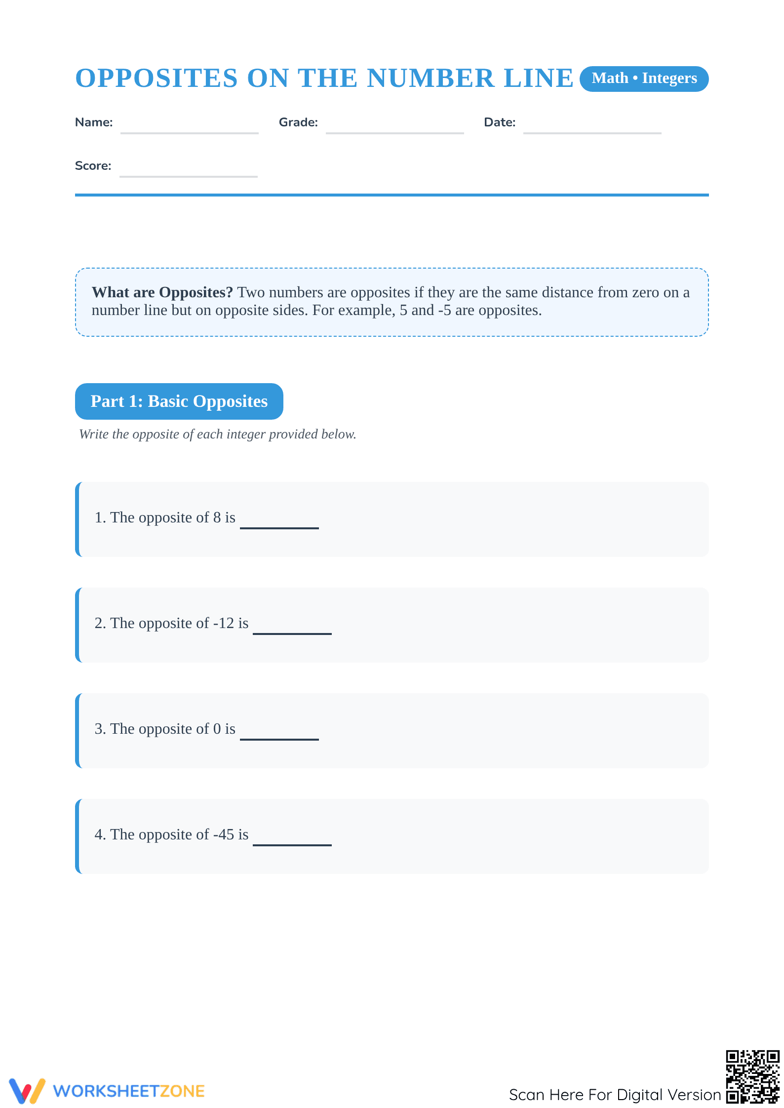 Printable Opposite Integers Worksheet | Grade 6 Math - Page 1