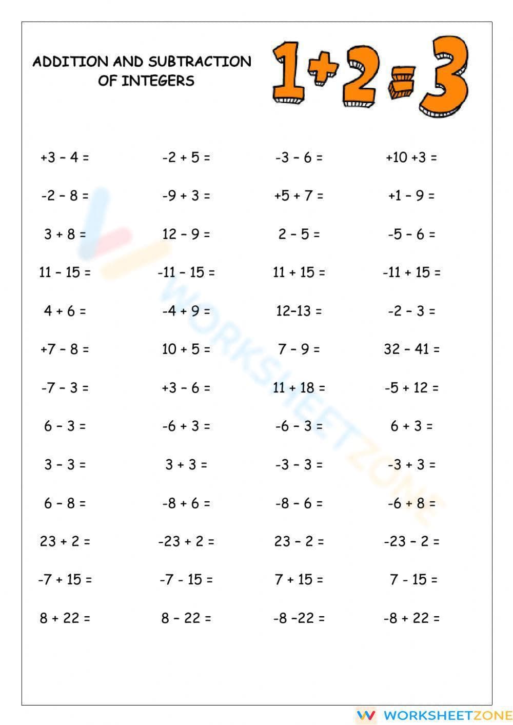 Addition and Subtraction of Integers - Page 1