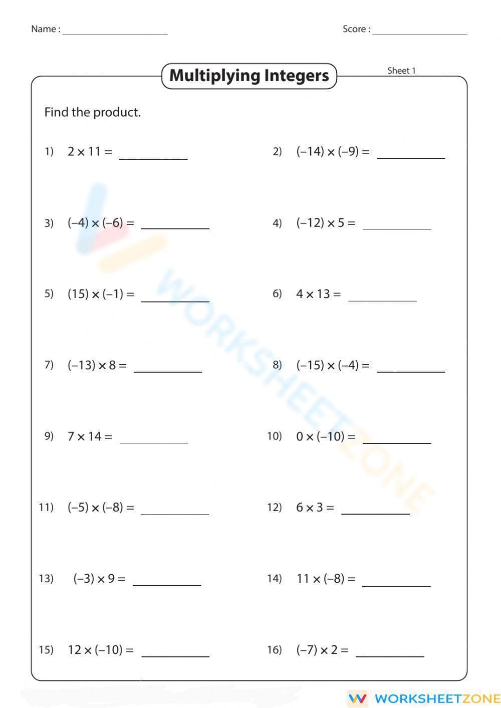 Multiplying Integers - Page 1