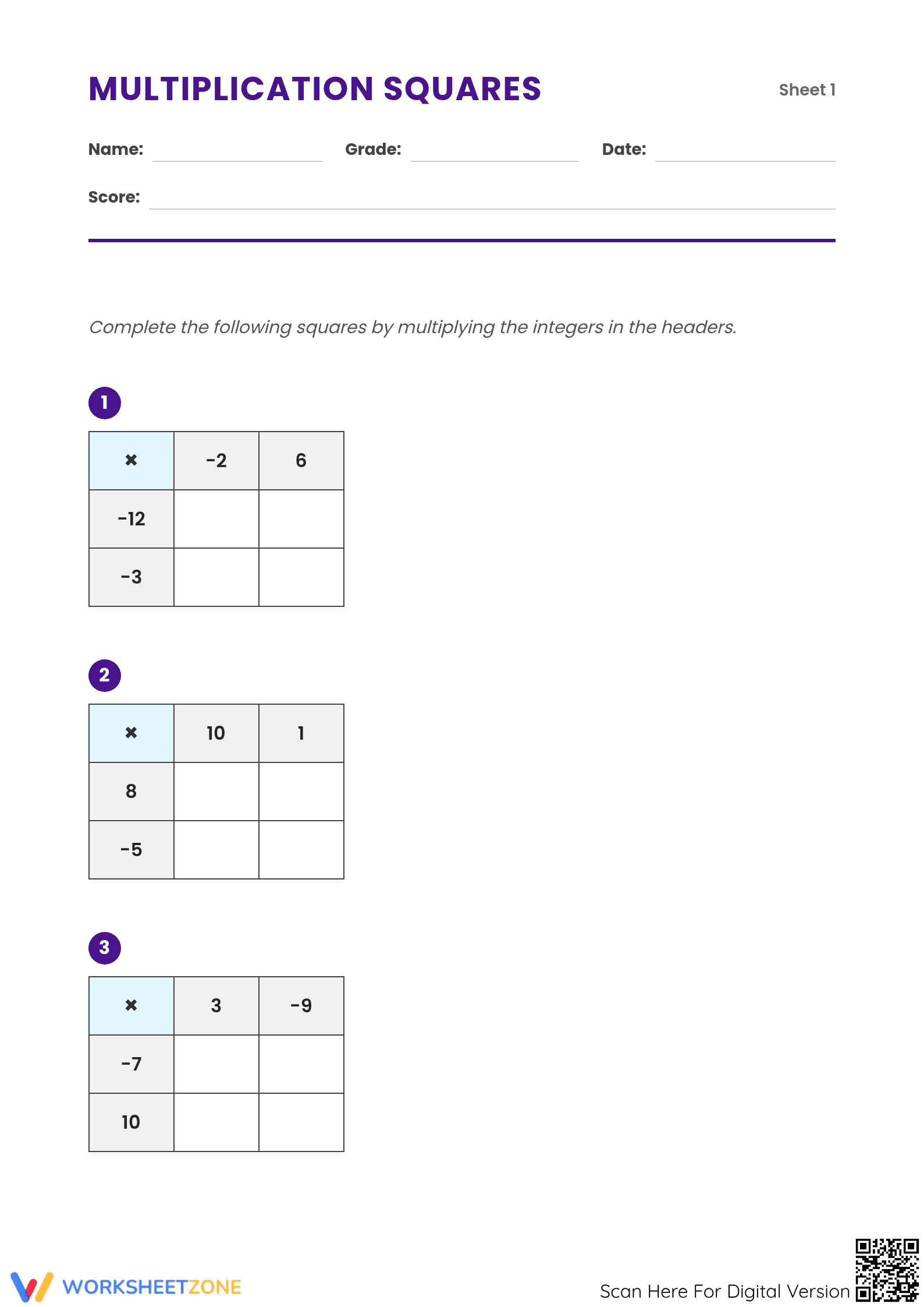 Grade 7 Multiplication — Printable No-Prep Worksheet - Page 1