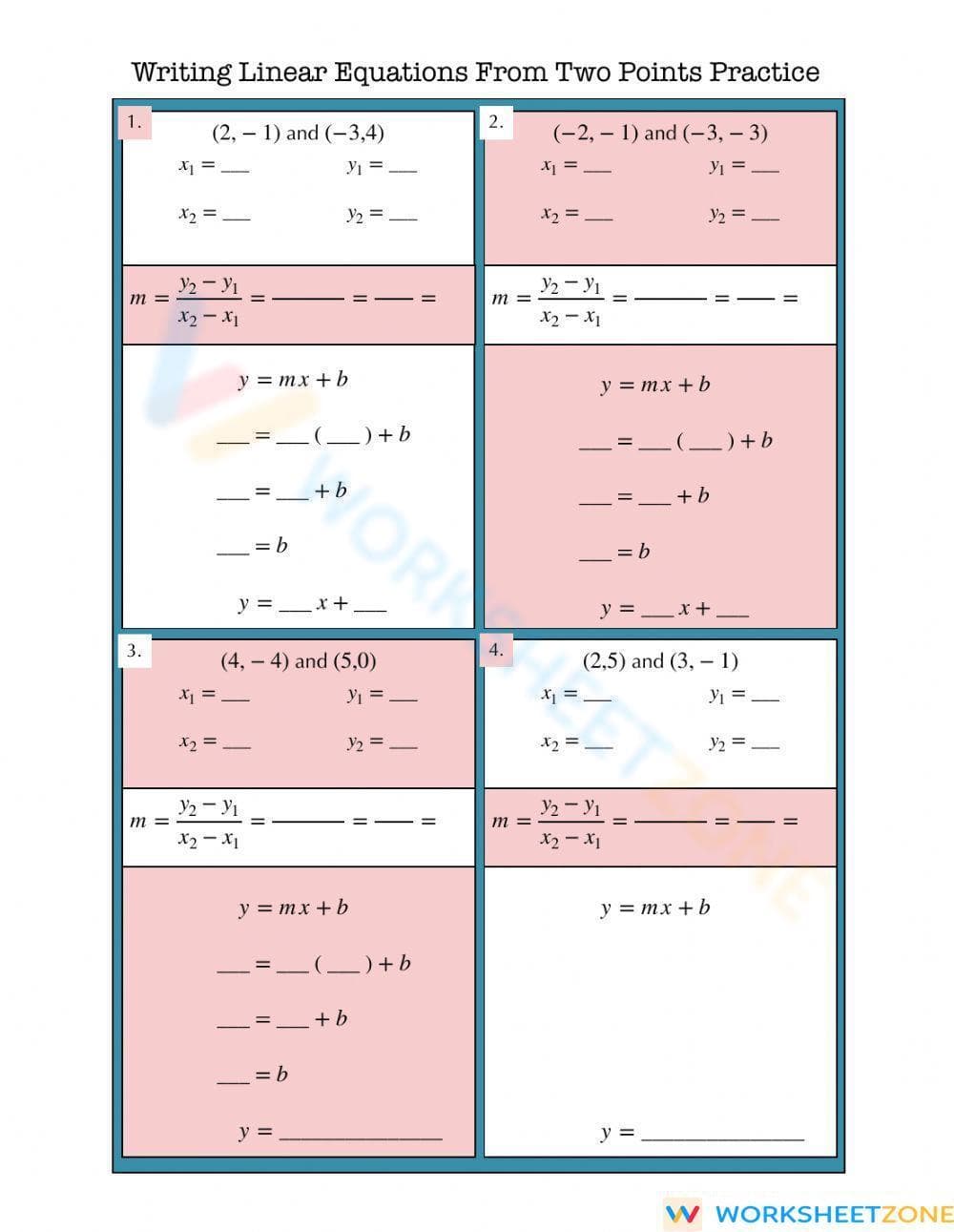 Writing Linear Equations From Two Points Practice - Page 1