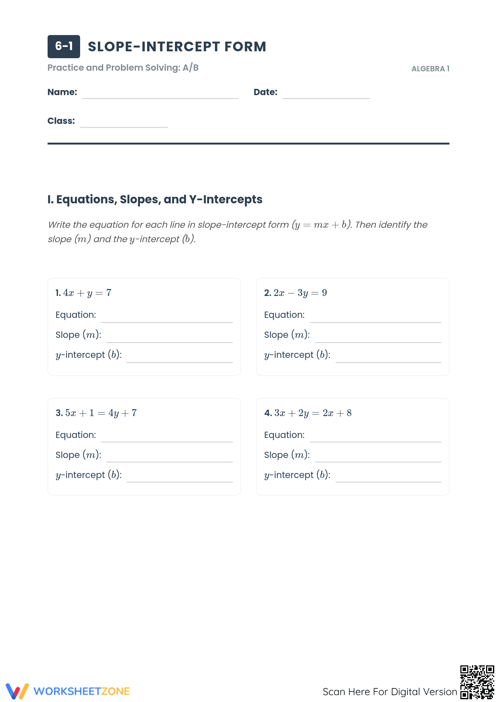Essential Slope-Intercept Form Practice | Algebra 1 Worksheet - Page 1