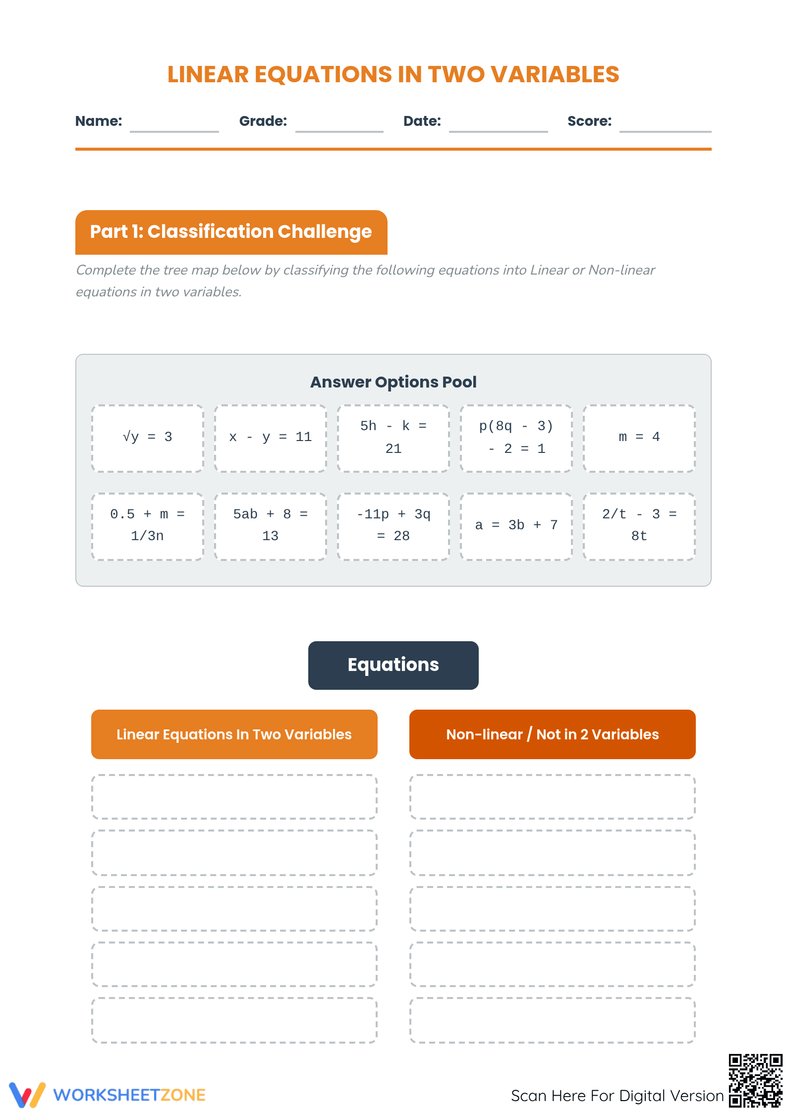 Printable Linear Equations Worksheet | Grade 8 Math - Page 1