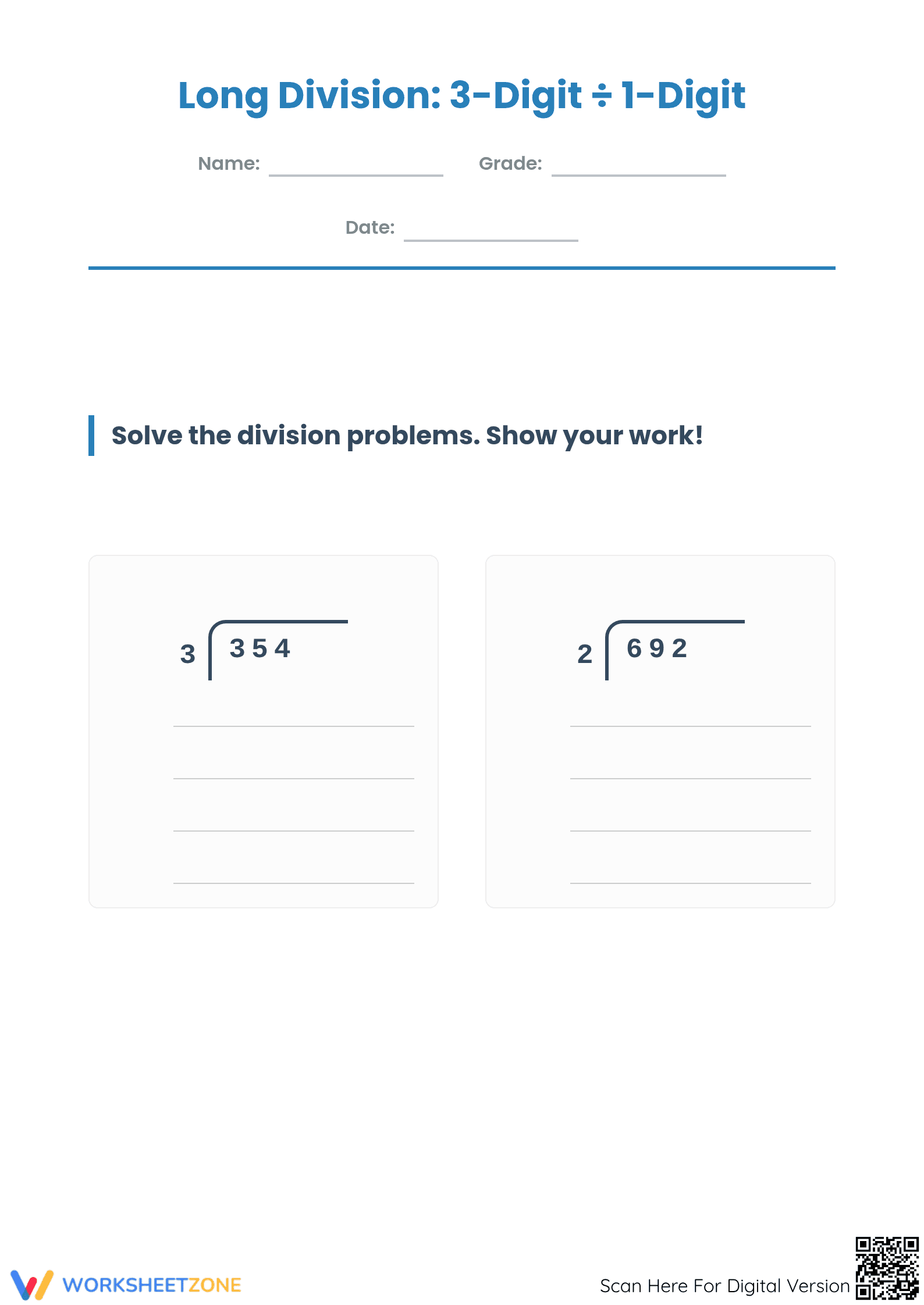 Grade 4 Long Division — Printable No-Prep Math Worksheet - Page 1
