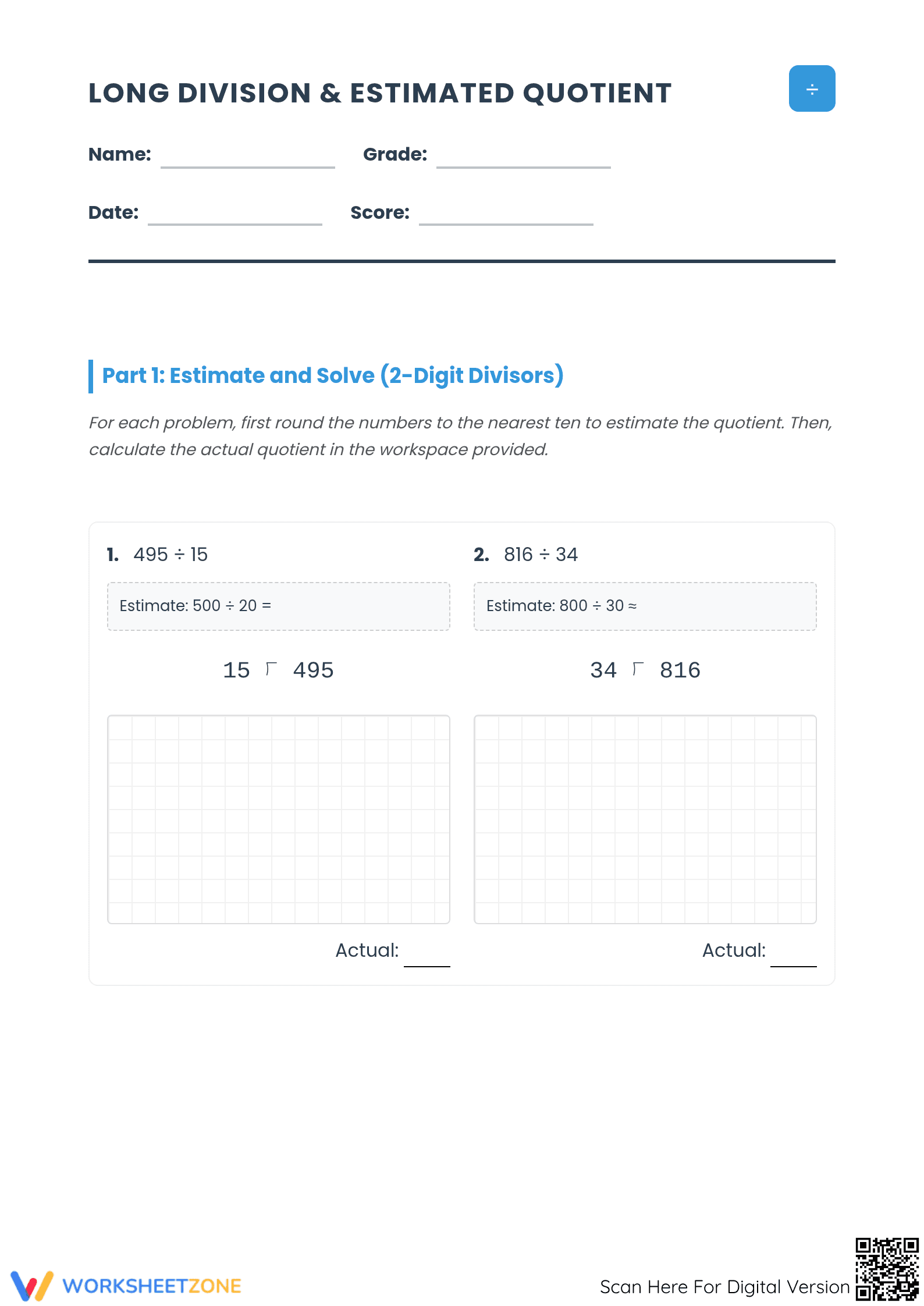 Printable Long Division Worksheet | Grade 5 Math - Page 1