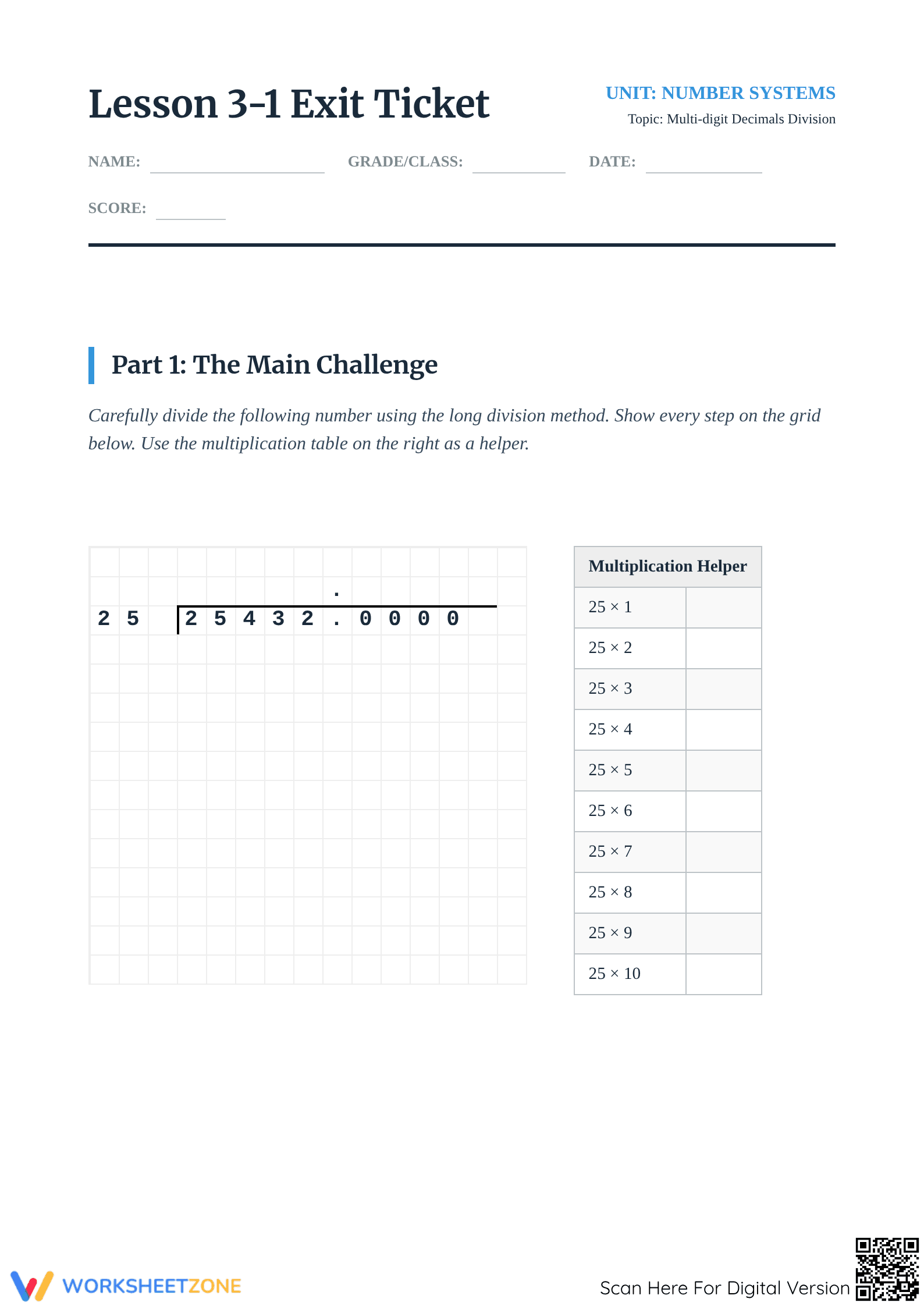 Printable Long Division Worksheet | Grade 6 Math - Page 1