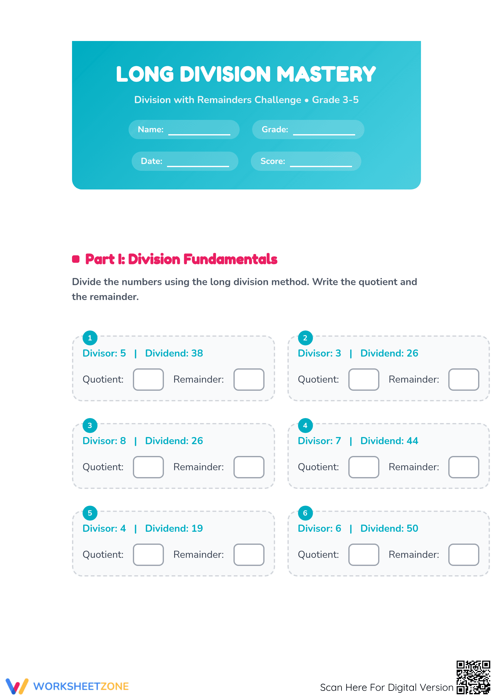 Long Division Mastery: 4.NBT.B.6 Aligned Worksheet - Page 1