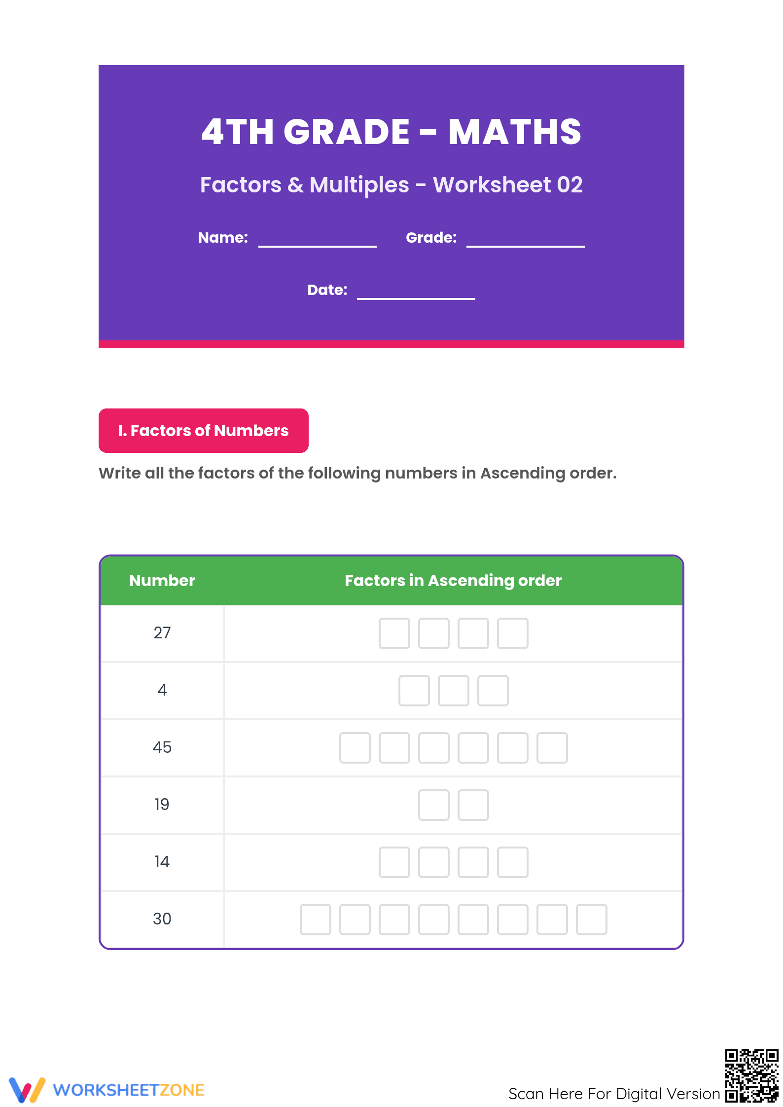 Grade 4 Factors and Multiples — Printable No-Prep Worksheet - Page 1