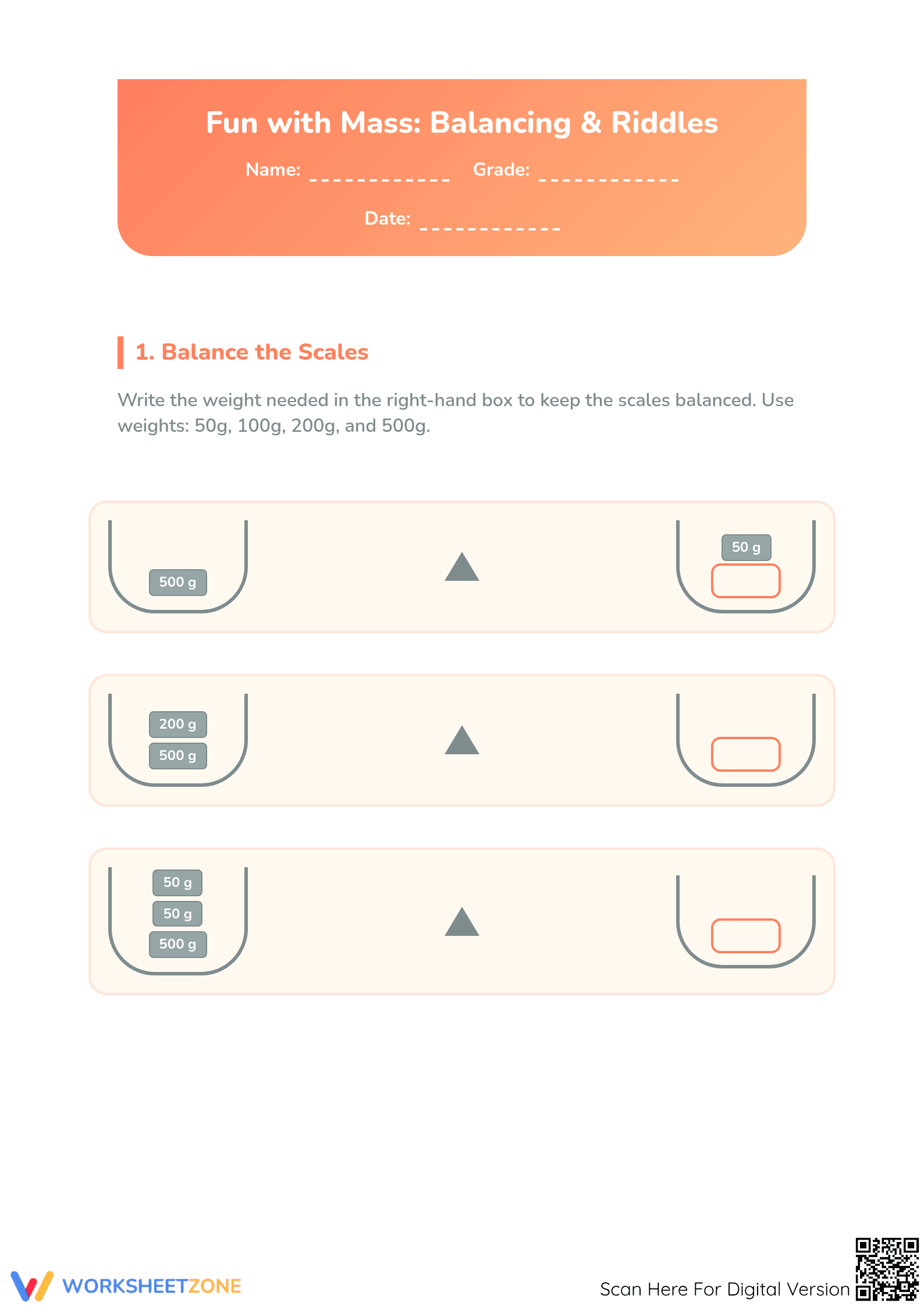 Measuring Mass Worksheet | Grade 3 Math | Printable - Page 1