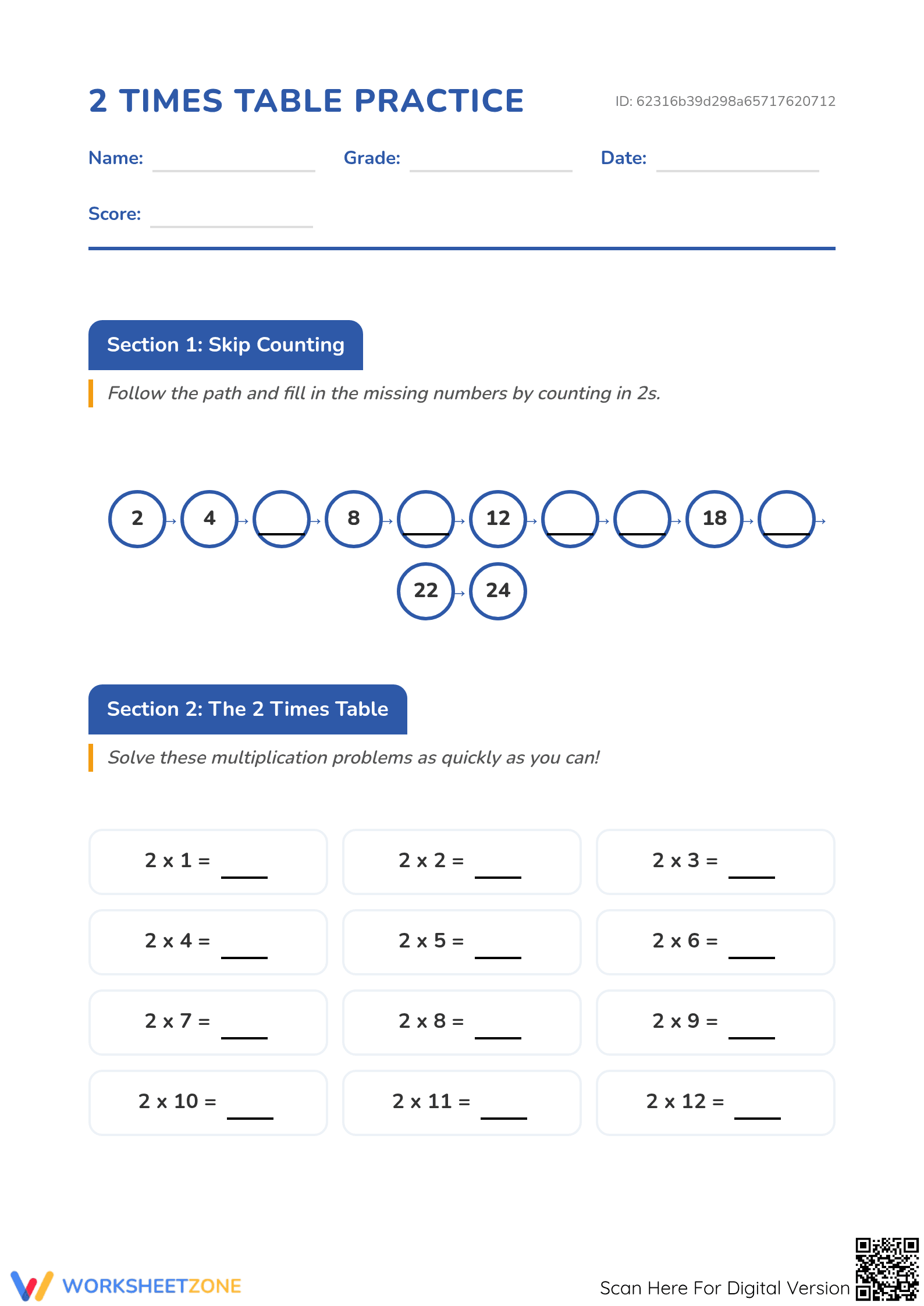 Printable 2 Times Table Worksheet | Grade 3 Math - Page 1