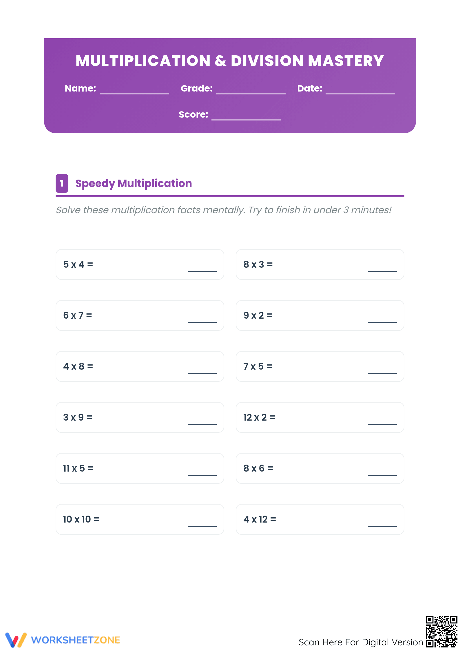 Printable Grade 4 Multiplication & Division Worksheet - Page 1