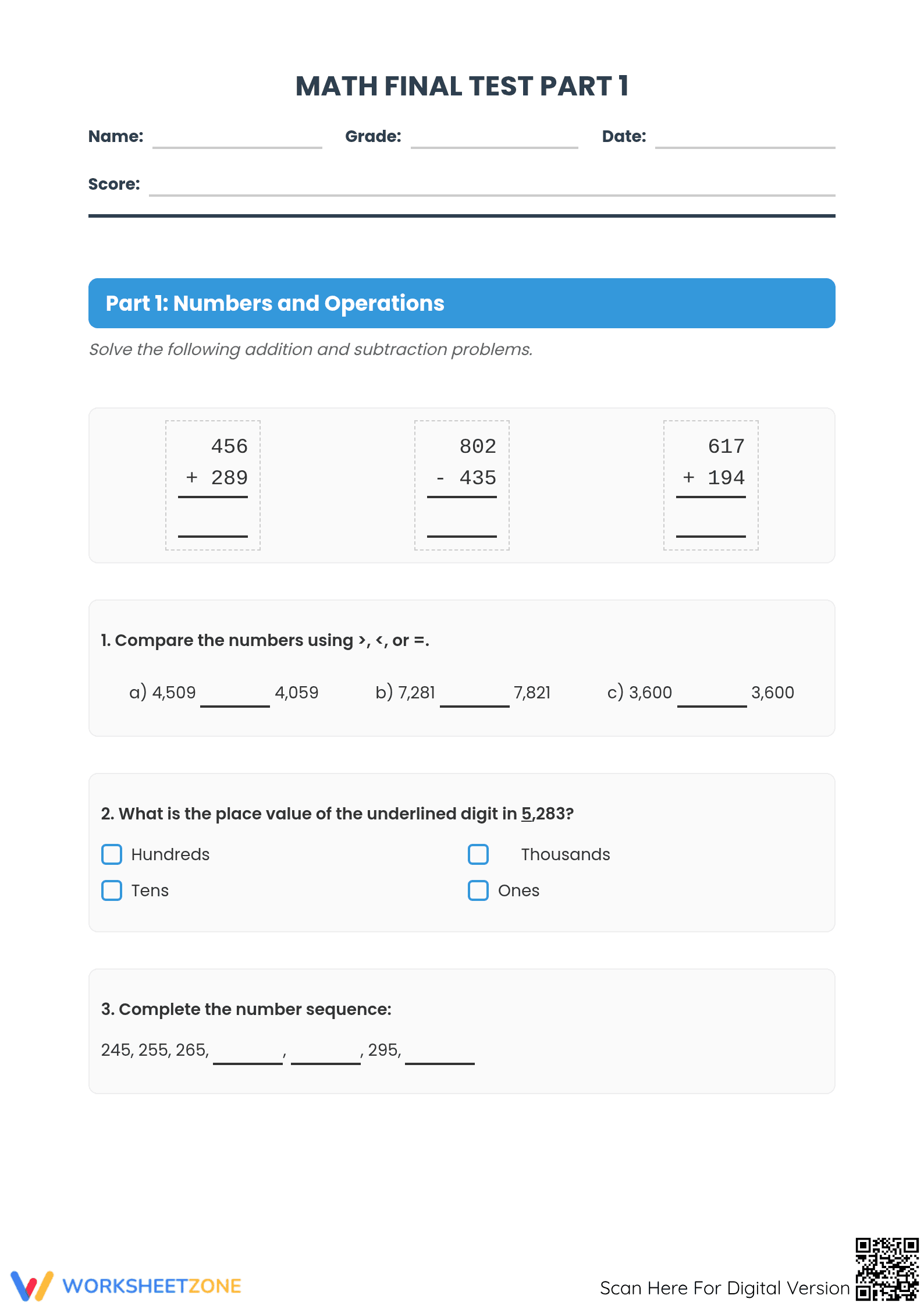 CCSS.MATH.3.OA.D.8 Worksheet: Final Test — Grade 3 Aligned - Page 1