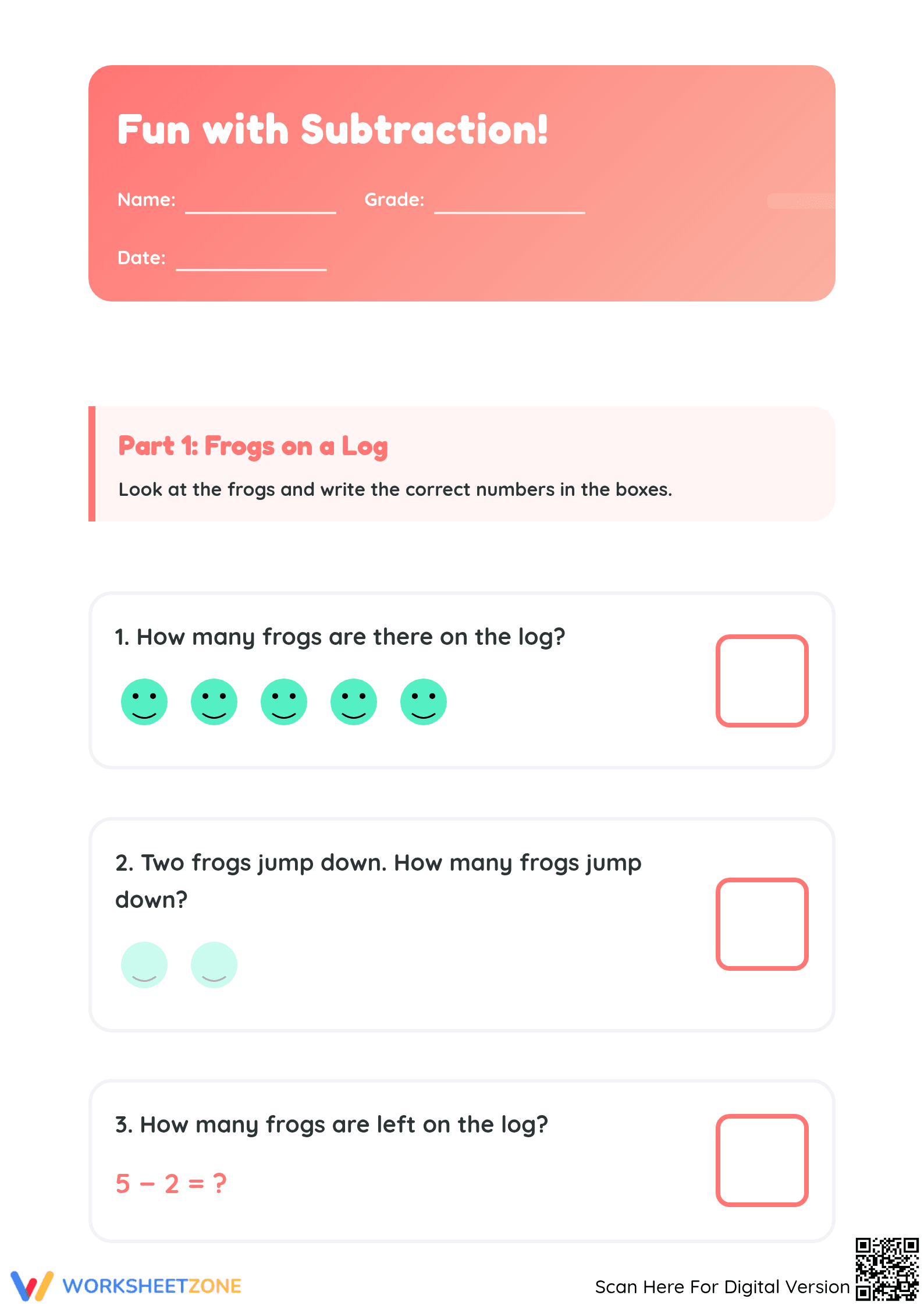 Kindergarten Subtraction — Printable No-Prep Worksheet - Page 1