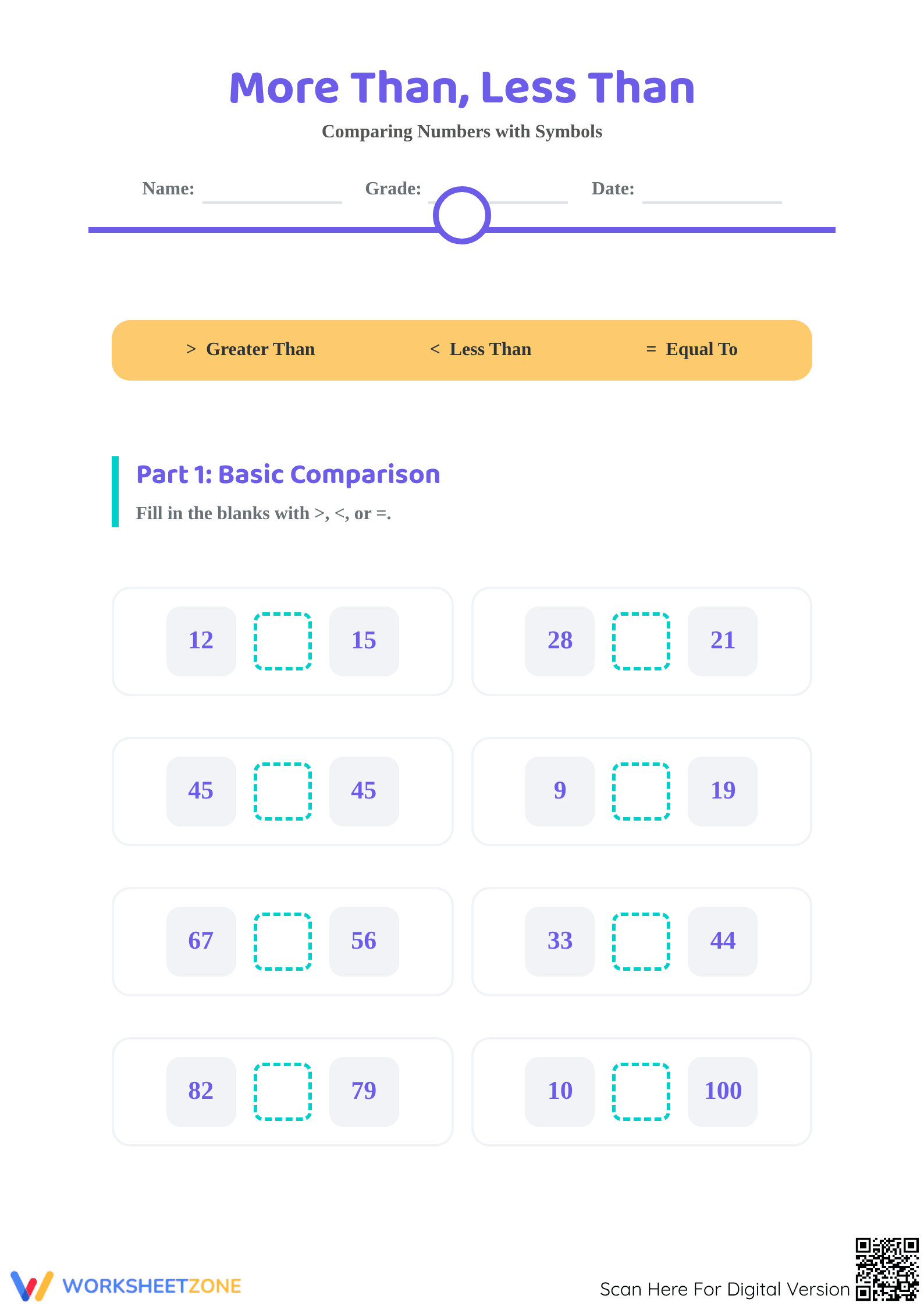 Grade 1 Comparing Numbers — Printable No-Prep Worksheet - Page 1