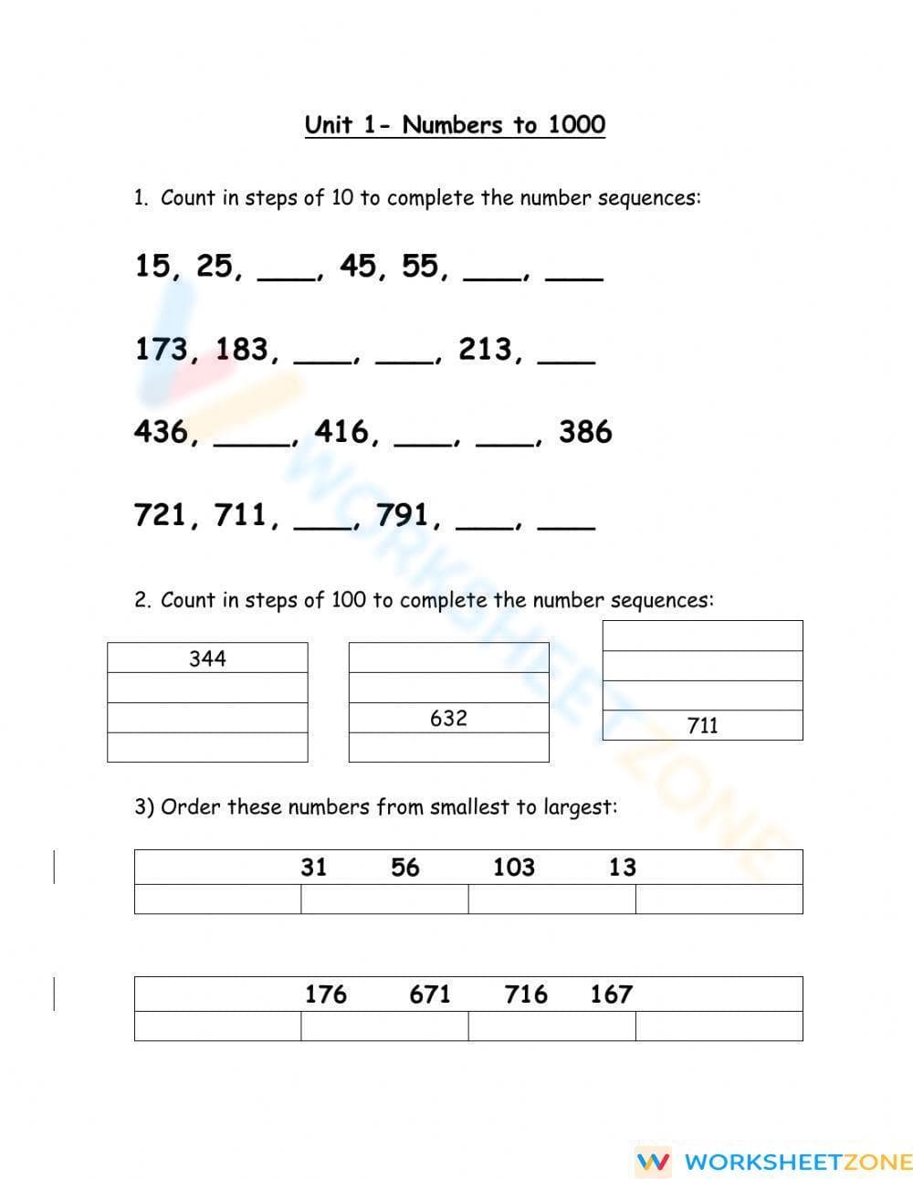 Counting in steps of 10, 100 and ordering numbers - Page 1