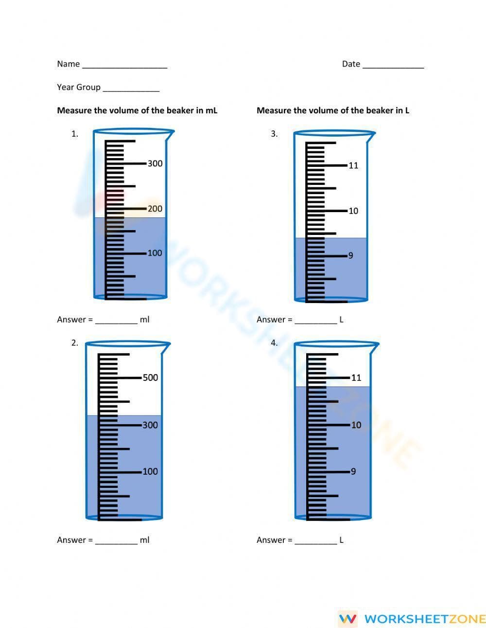 Measure Volume Using a Beaker: Practice - Page 1