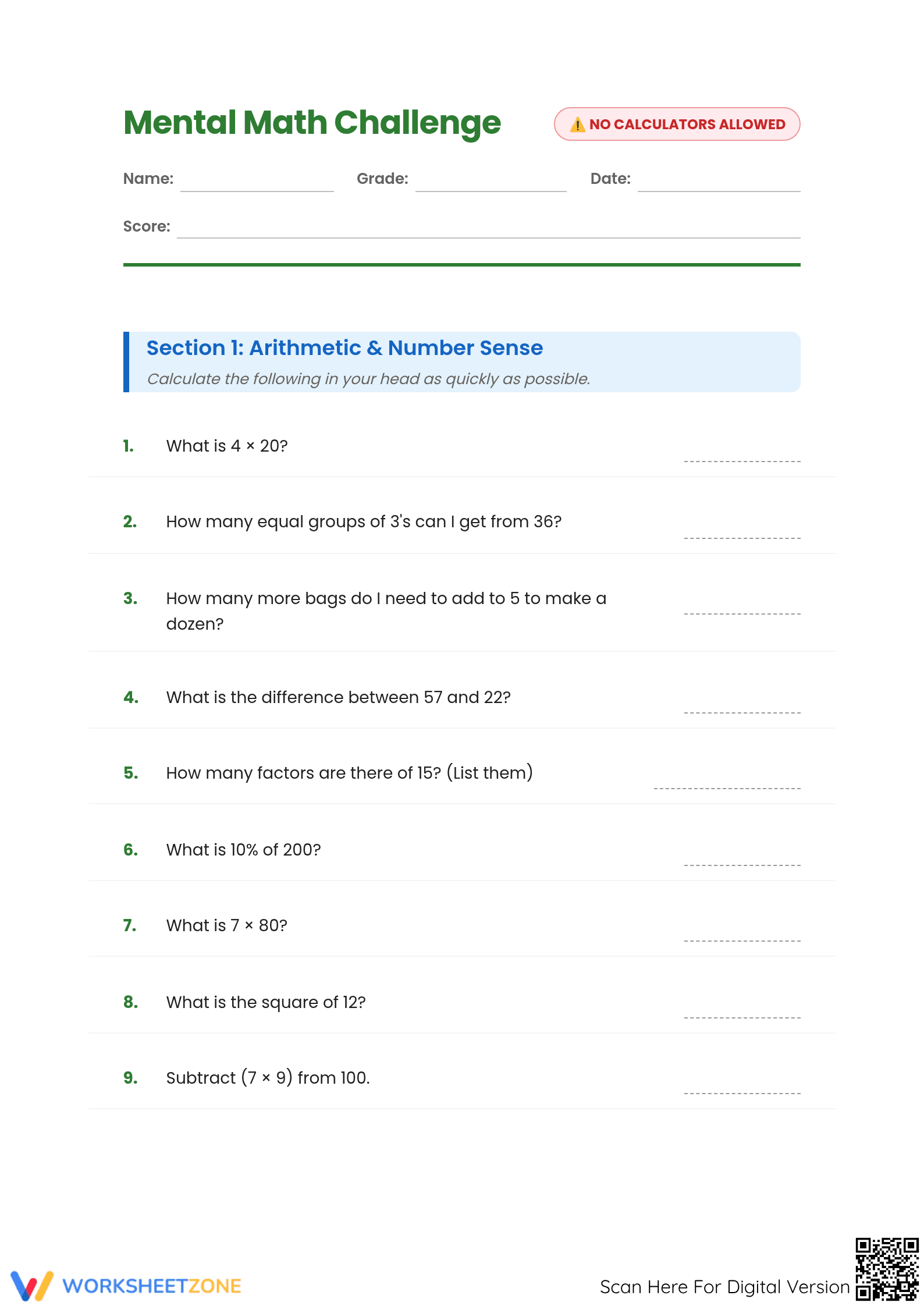 Grade 6 Mental Math — Printable No-Prep Worksheet - Page 1