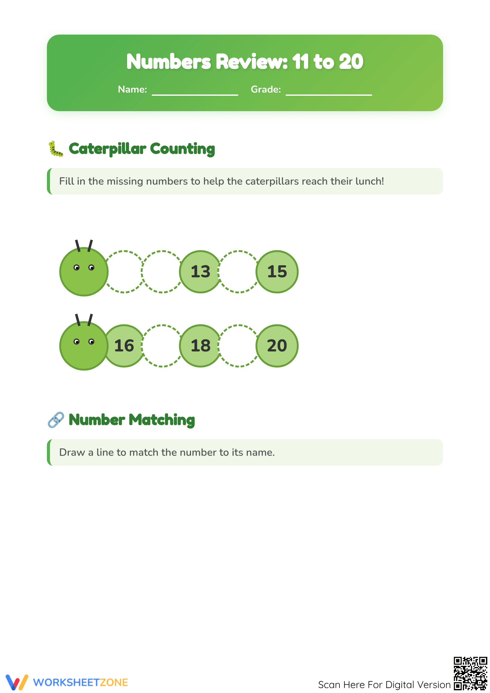 Numbers 11-20 Review: Printable Preschool Math Worksheet - Page 1