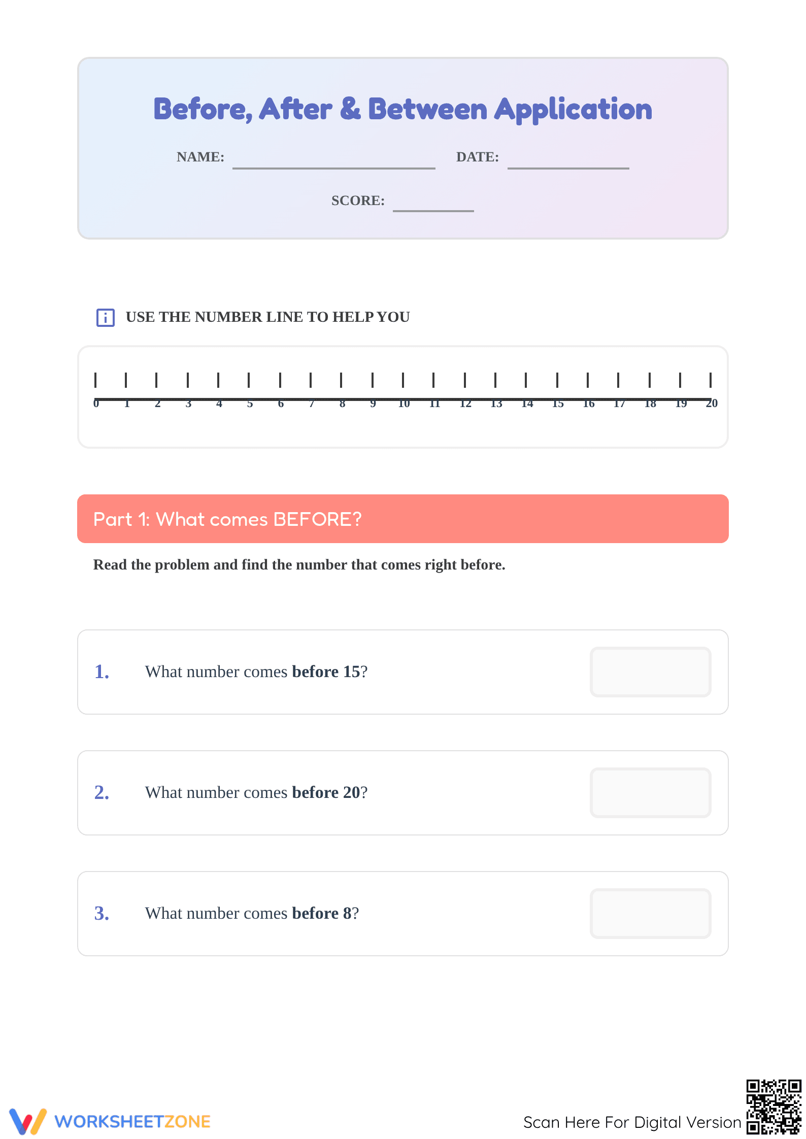 Printable Before After and Between Worksheet | Grade 1 Math - Page 1