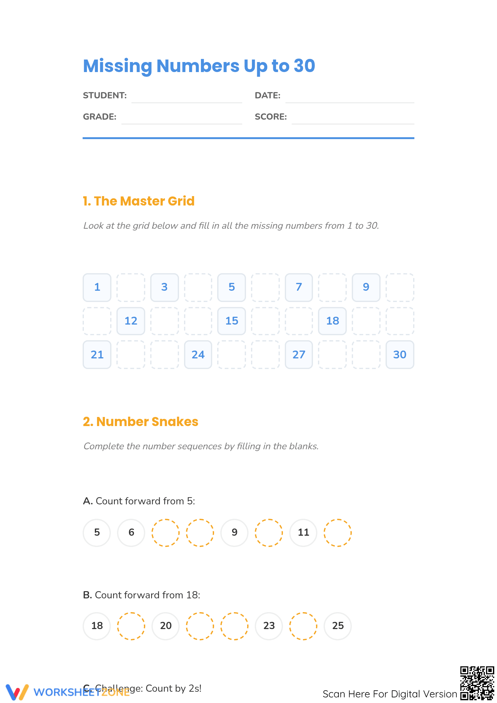 Missing Numbers to 30 Worksheet | Printable Math Guide - Page 1