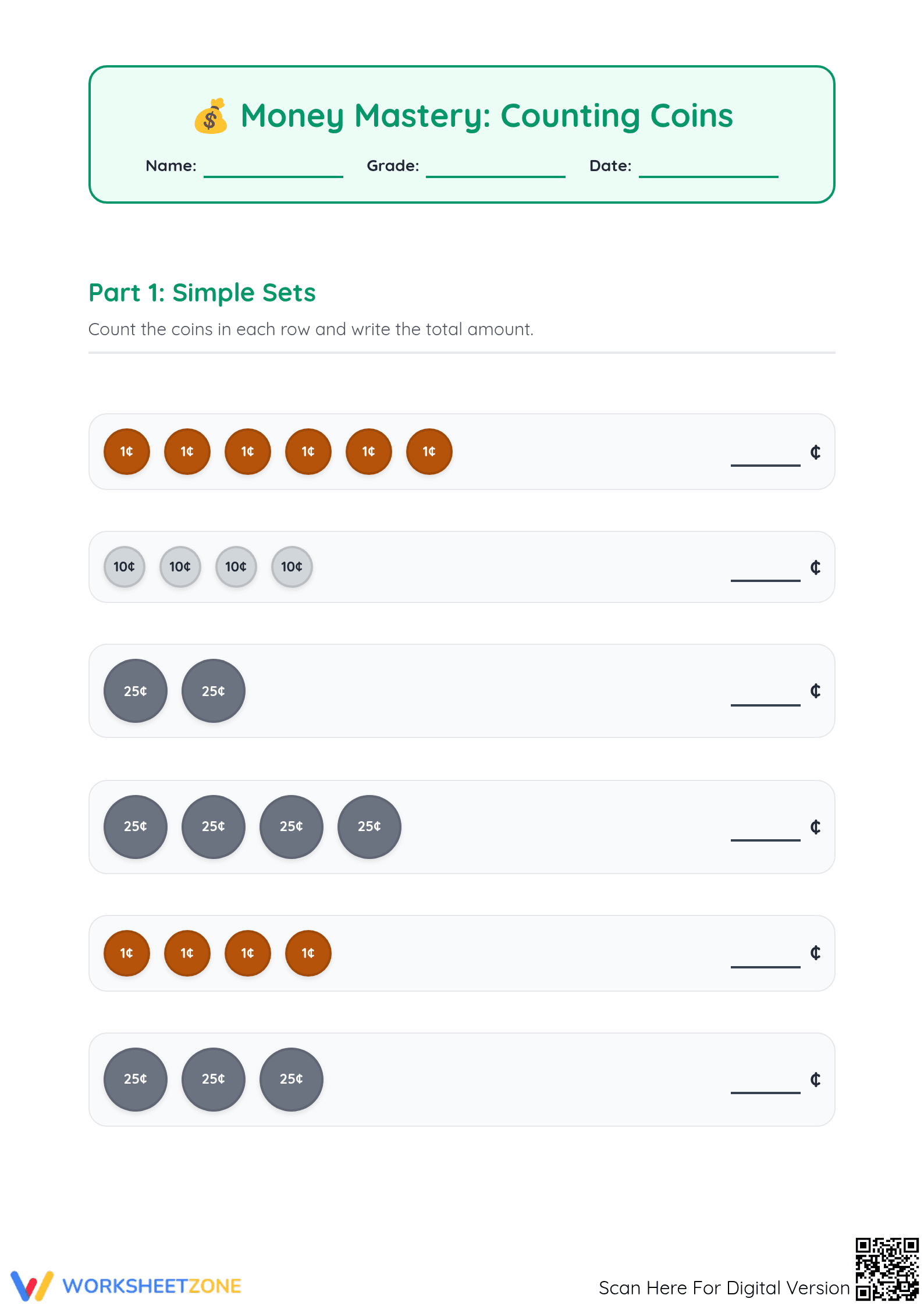 Counting Coins Worksheet | Grade 2 Essential Money Math - Page 1