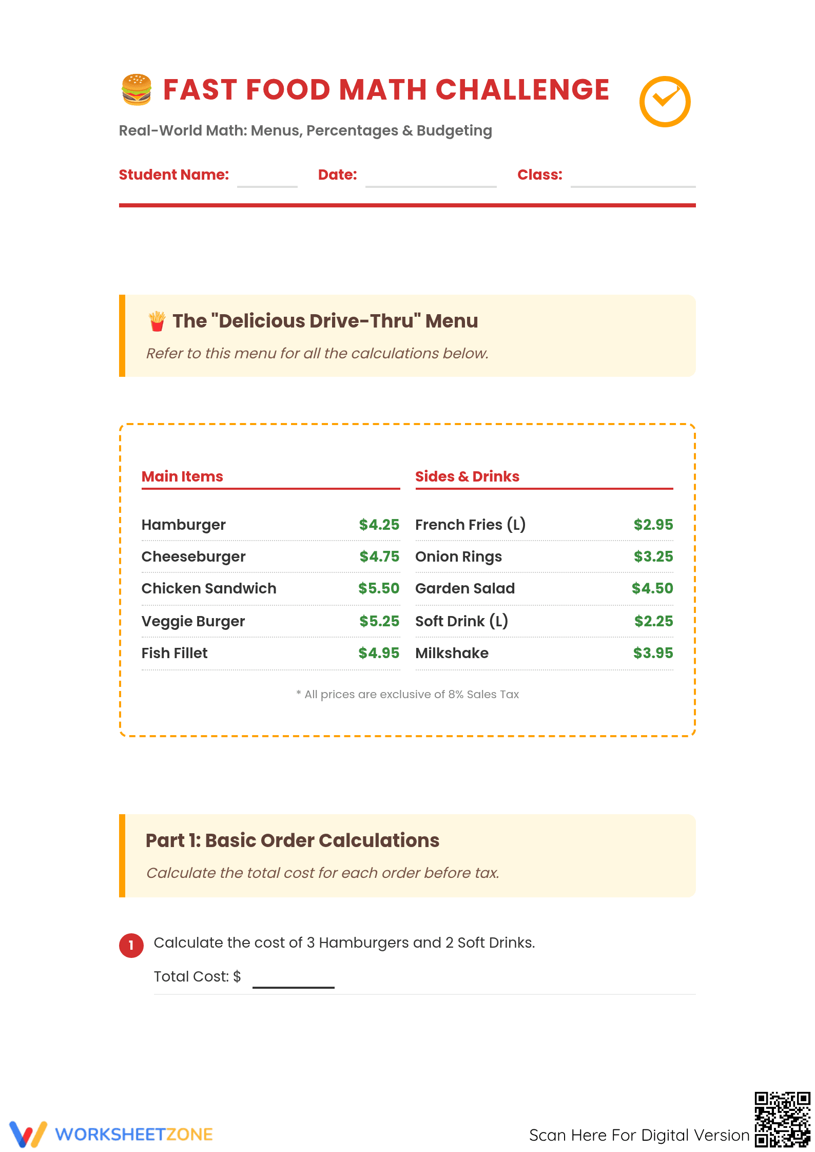 Printable Fast Food Math 2 Worksheet | Grades 5-8 Ready - Page 1