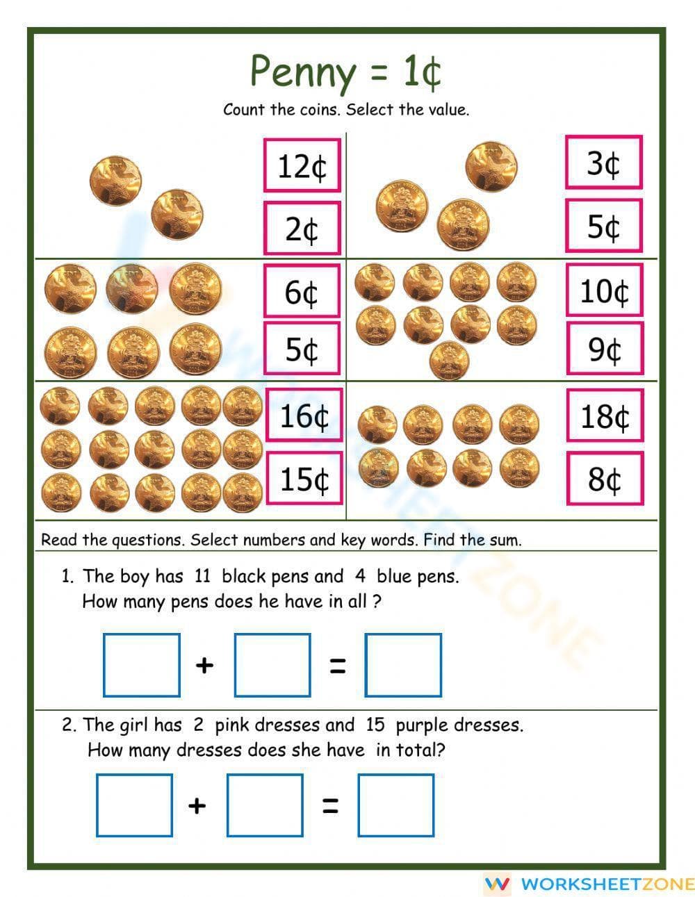 Penny Counting & Addition Printable | Grade 1 Math - Page 1
