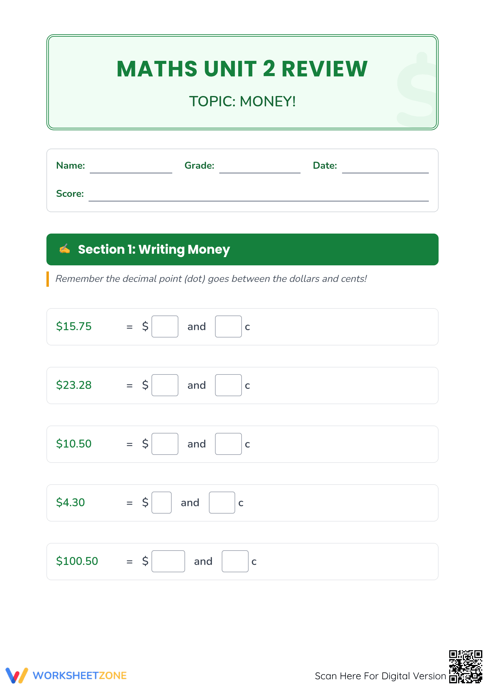 Printable Money Review Worksheet | Grade 2-4 Math - Page 1