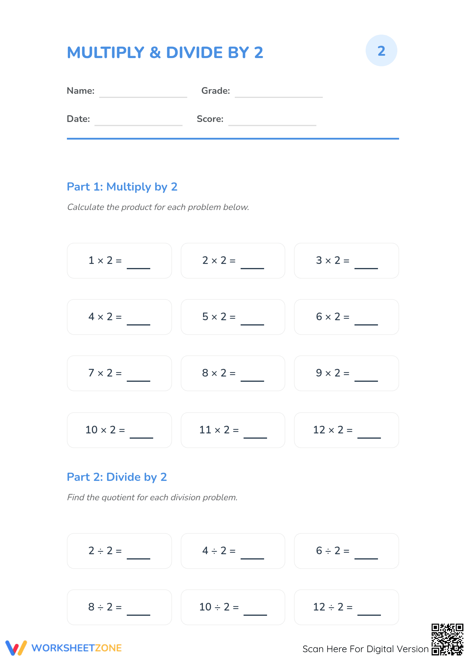 Essential Multiply and Divide by 2 Worksheet | Grade 3 Math - Page 1