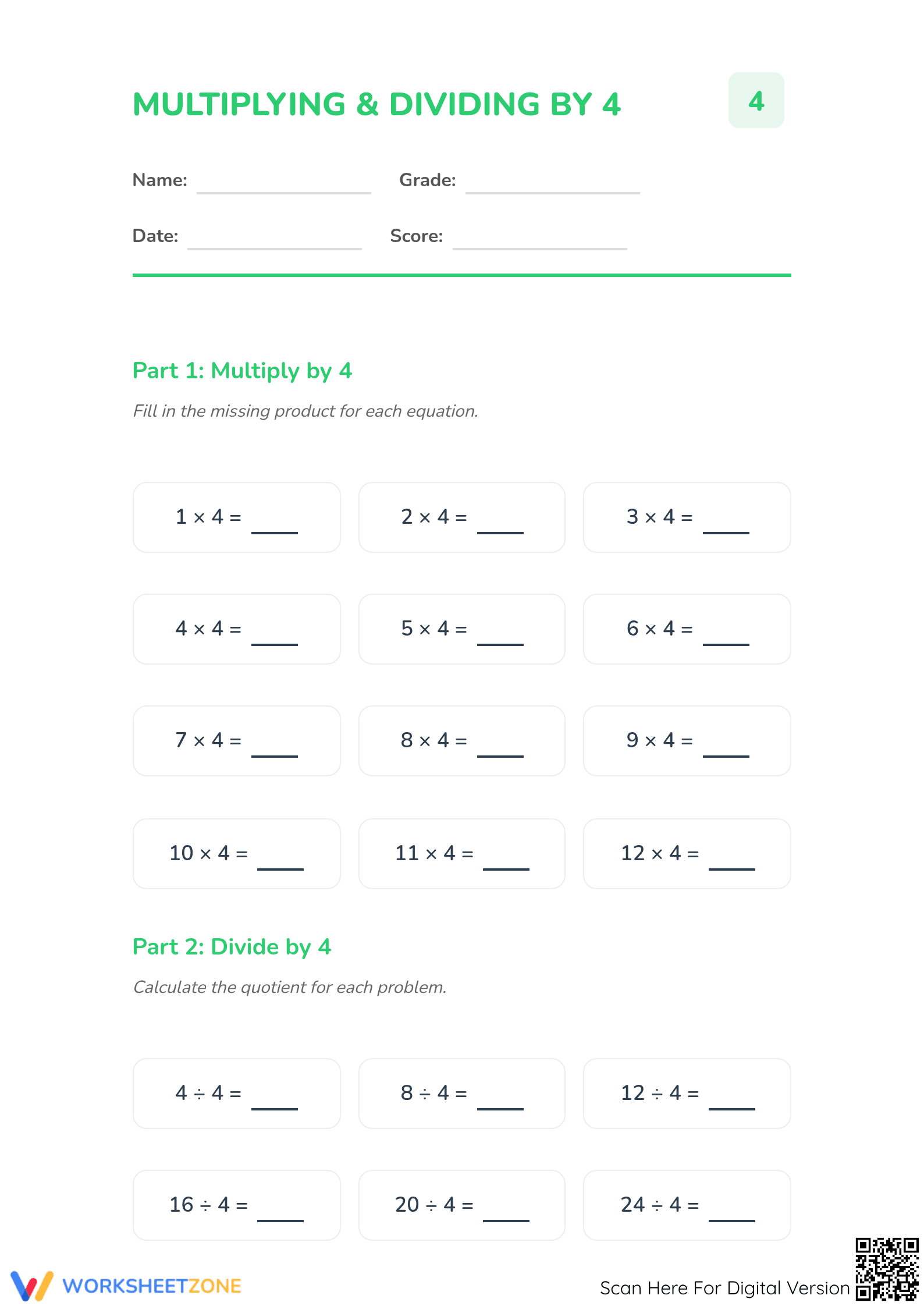 Grade 3 Multiply & Divide by 4 | Printable Worksheet - Page 1