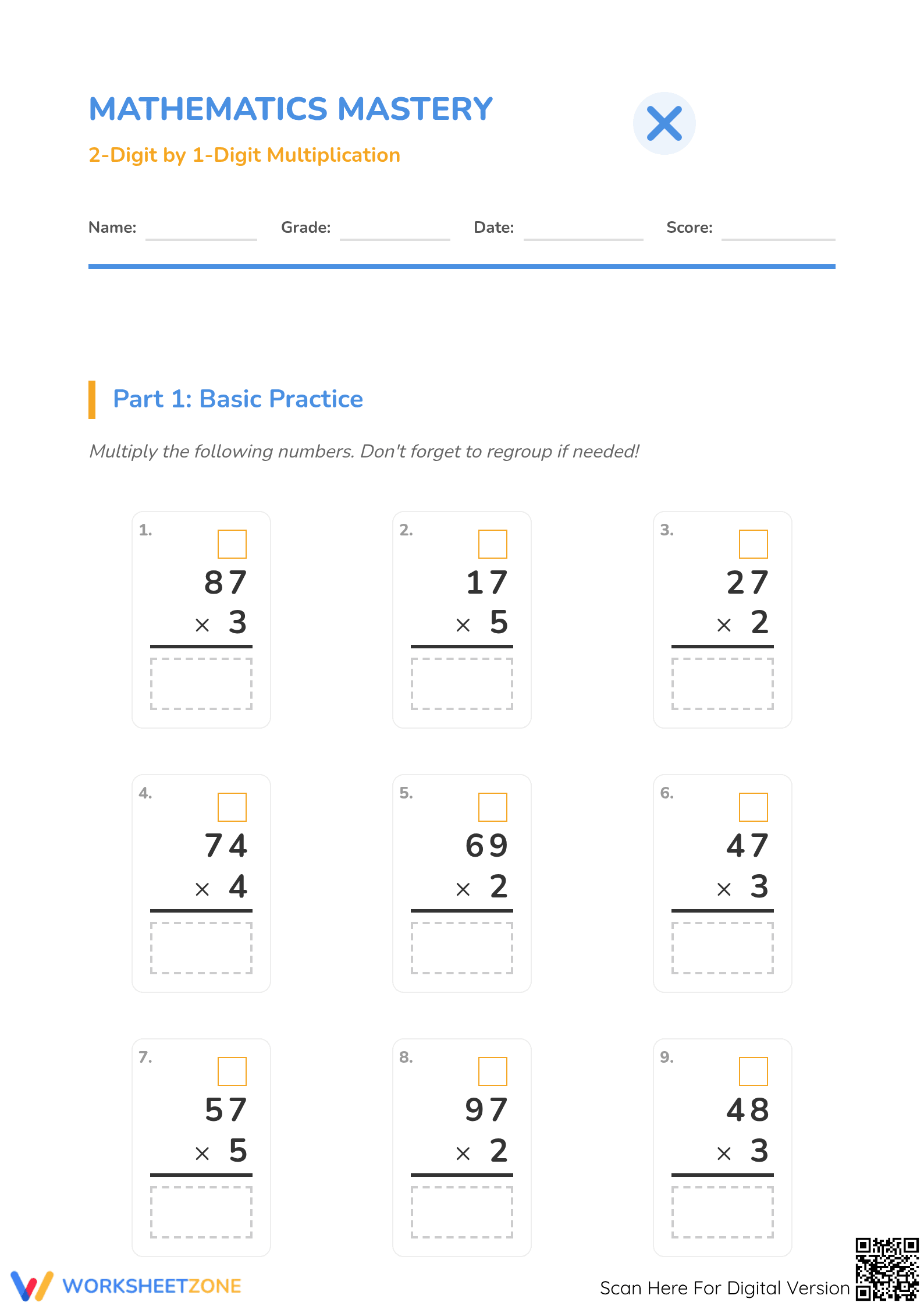 Grade 3-4 Multiplication — Printable No-Prep Worksheet - Page 1