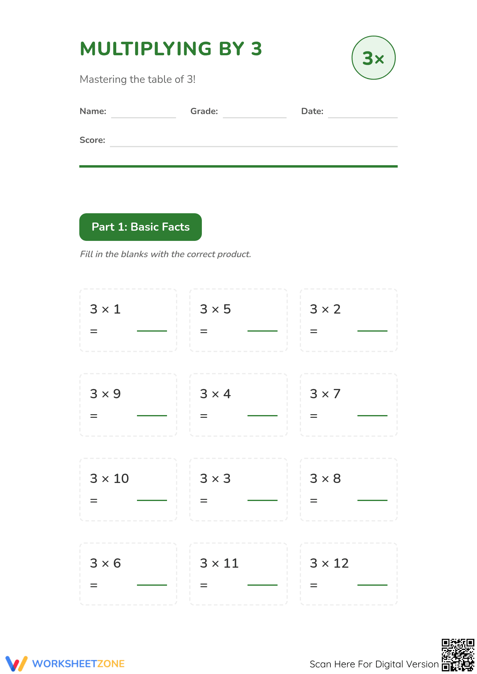 Grade 3 Multiply by 3 — Essential No-Prep Worksheet - Page 1