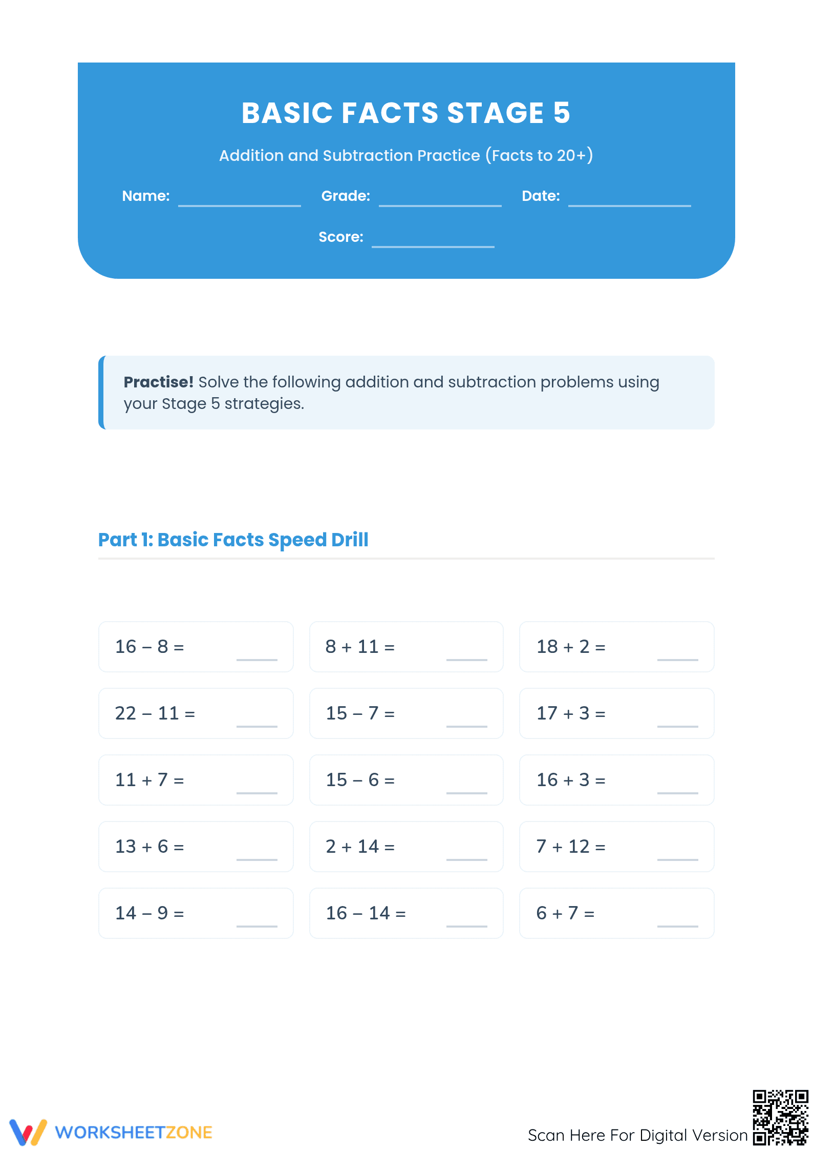 Printable Stage 5 Addition and Subtraction Facts Worksheet - Page 1