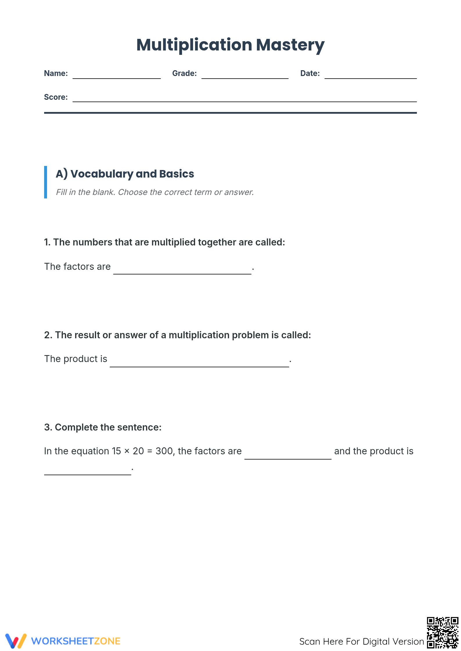 Multiplication by Tens Worksheet | Essential Grade 4 Math - Page 1