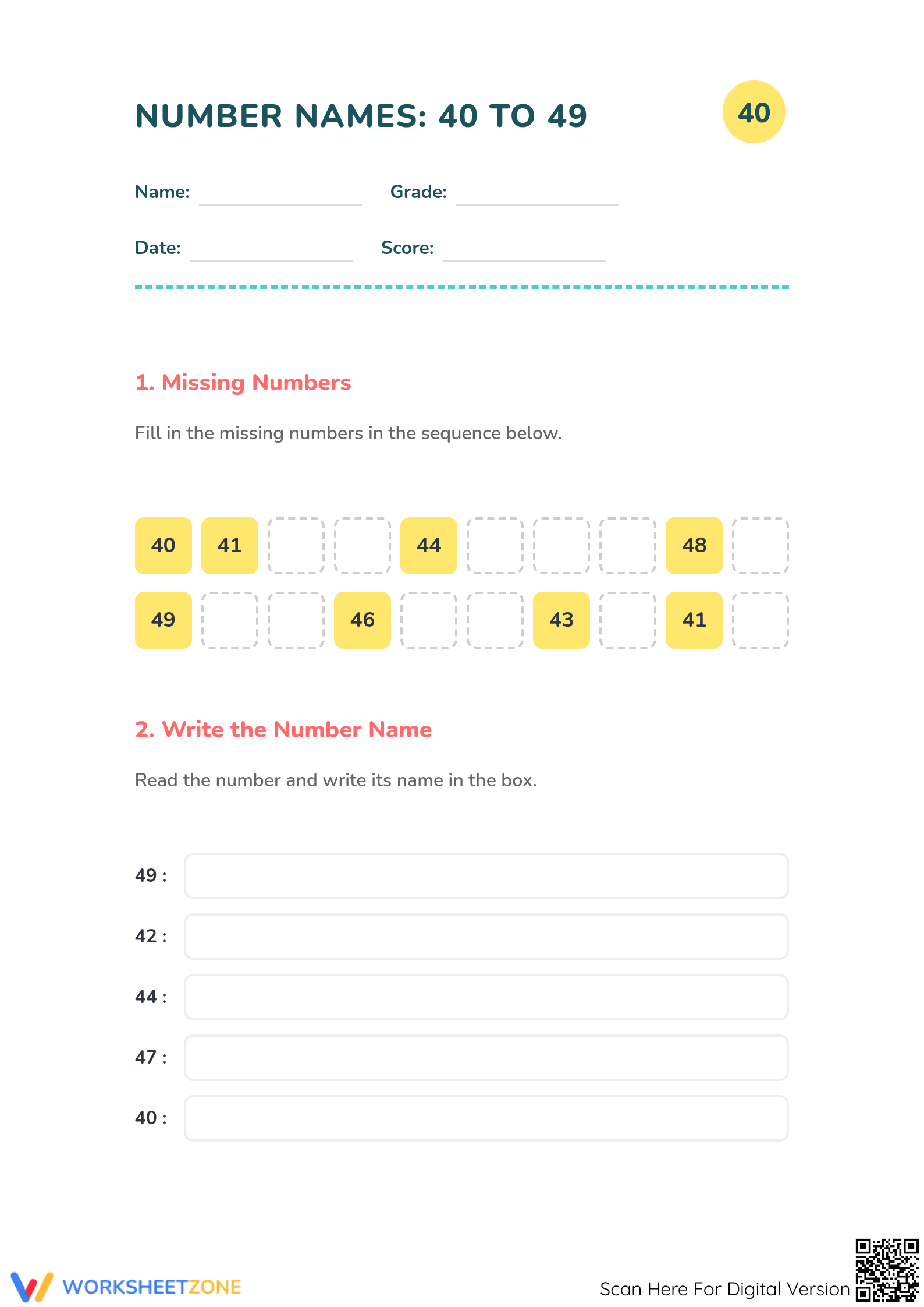 Number Names 40-49 Printable Essential Math Worksheet - Page 1